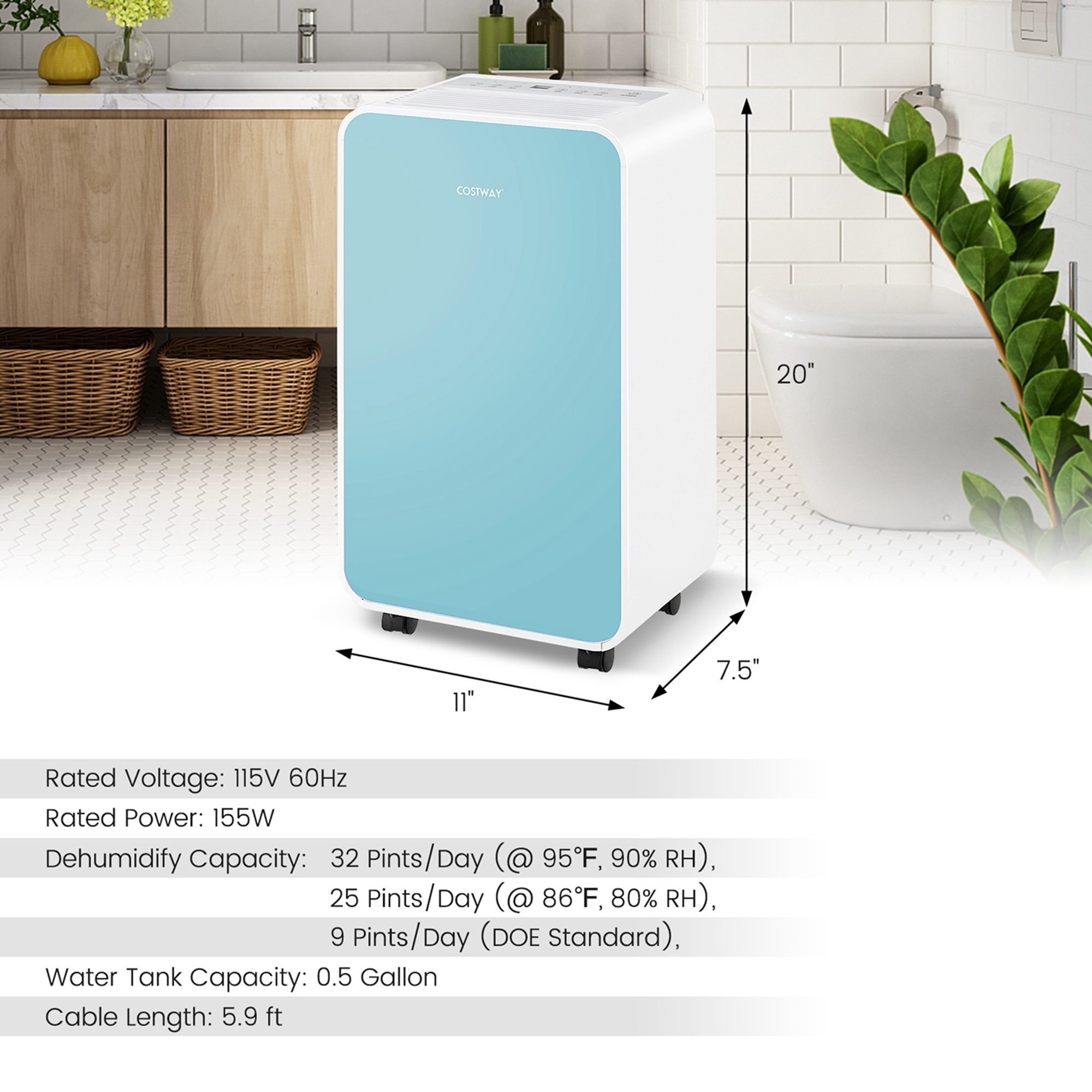 TEMU Costway Déshumidificateur Portable 32 Pint avec 3 Modes, Couverture de 2500 Pièces, Couleur Bleue