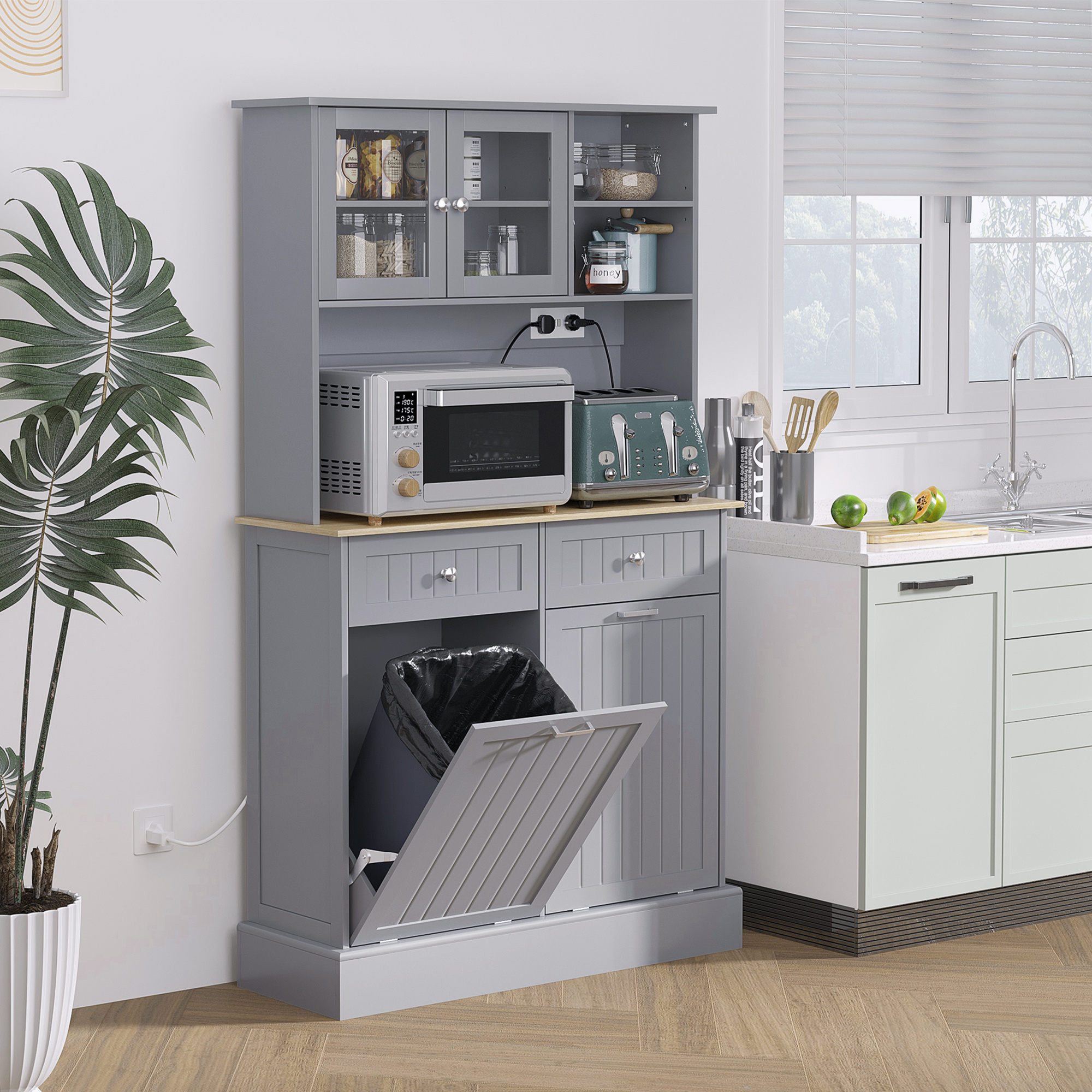 TEMU 68" de Cuisine avec Station de Charge, 2 Poubelles Inclinables de 10 Gallons, Tiroirs, de Rangement Autoportante avec Portes en Verre & Étagère