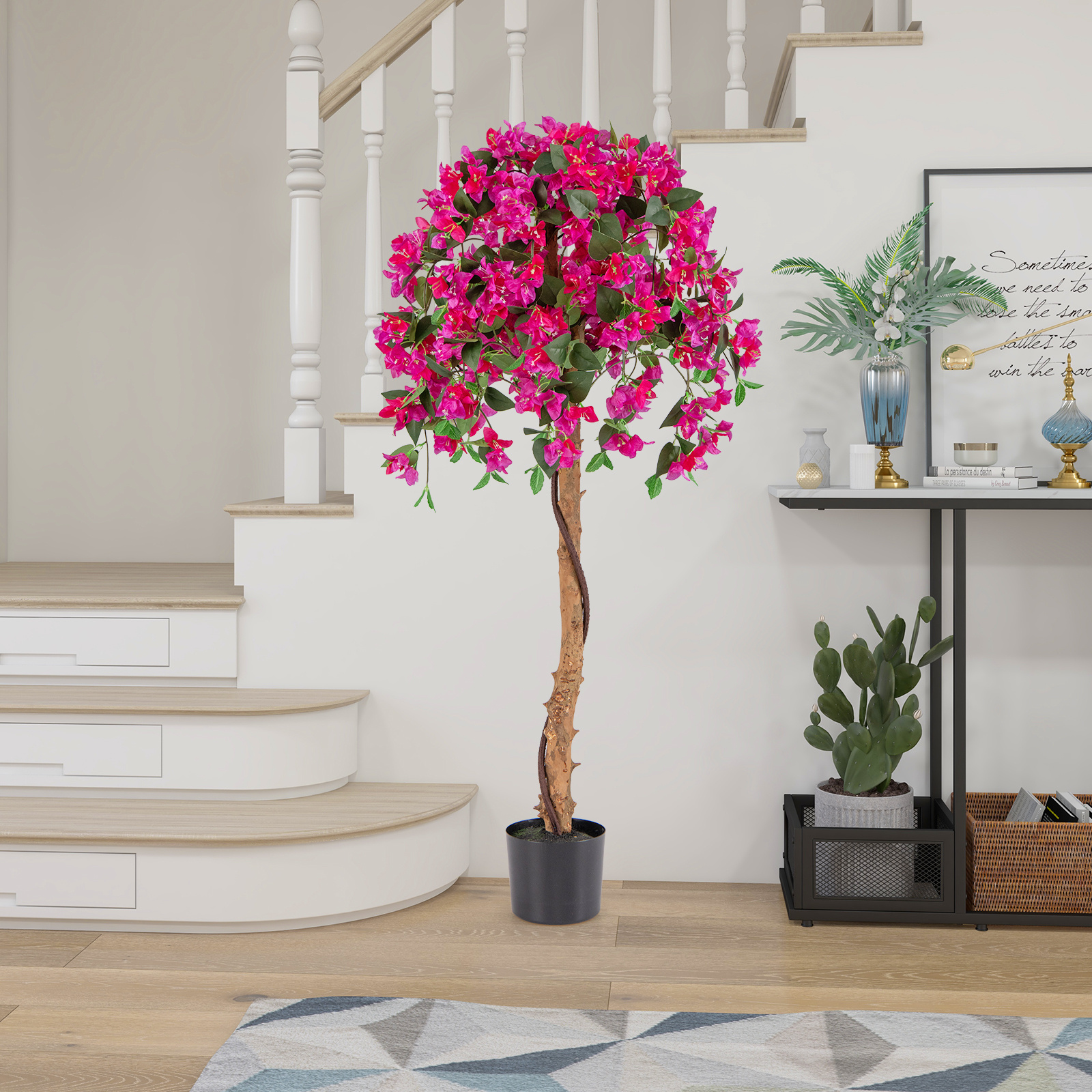 TEMU Costway 53" Artificial Azalea Tree, Silk Floral Tree In Pot With 576 Flowers, 288 Leaves, Wood Trunk, Fake Grass, Indoor Tall Decorative Plant