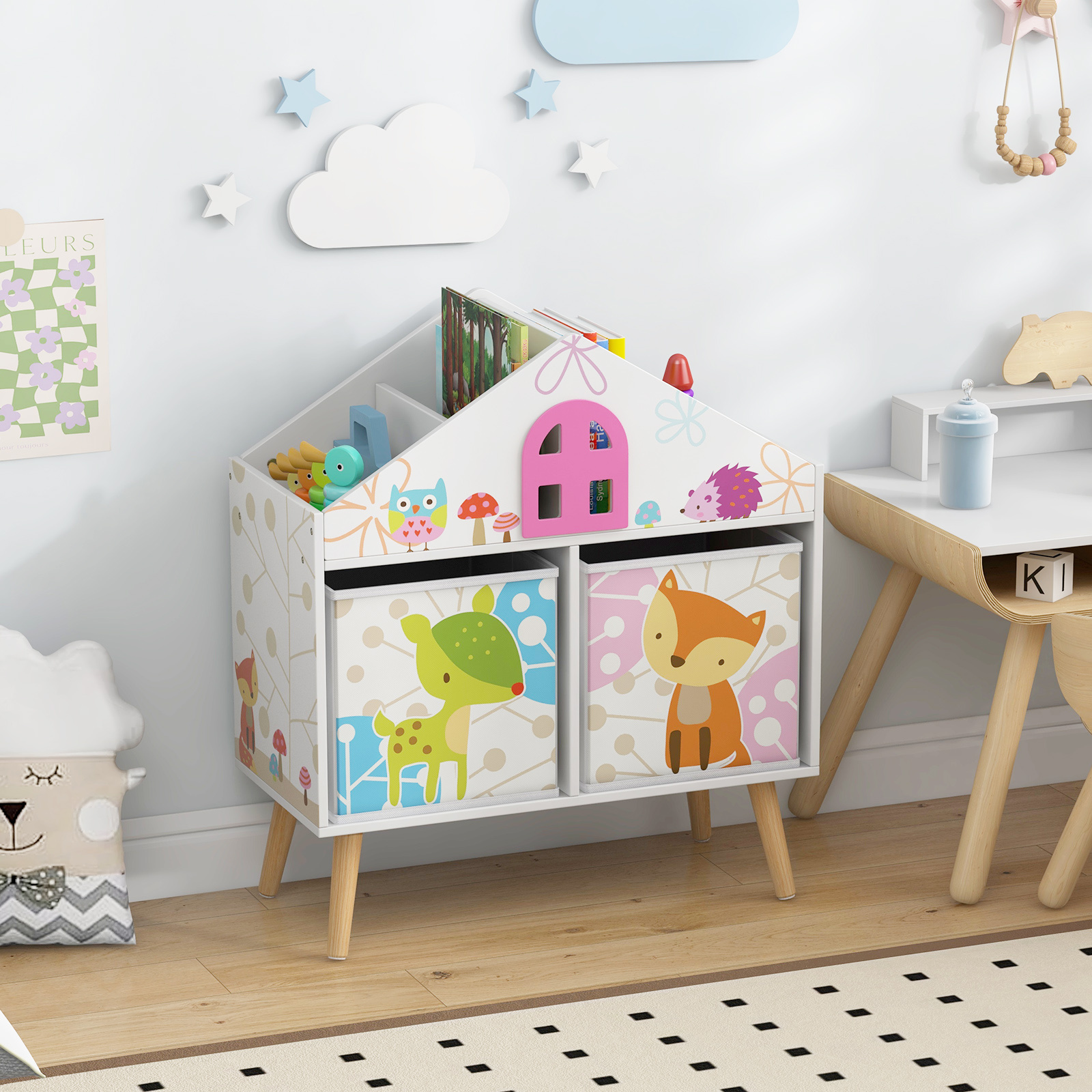 TEMU Étagère à Livres et Jouets COSTWAY pour Enfants, Organisateur de Livres et Jouets avec 2 Tiroirs en Tissu et 4 Compartiments Supérieurs, Ouverte