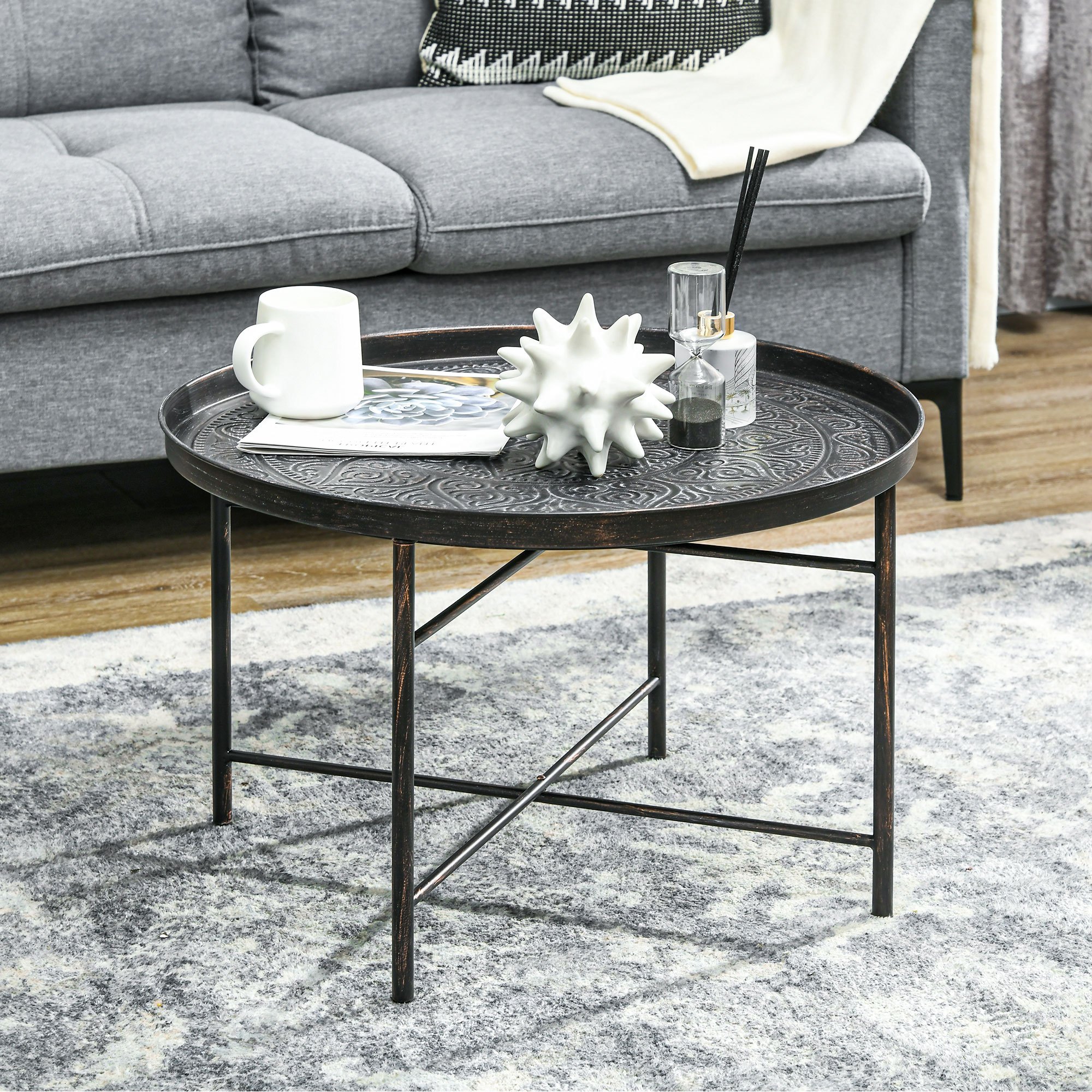 TEMU Table basse ronde de 24" avec plateau supérieur à motif floral martelé, table vintage en métal pour salon, table d'appoint, étain