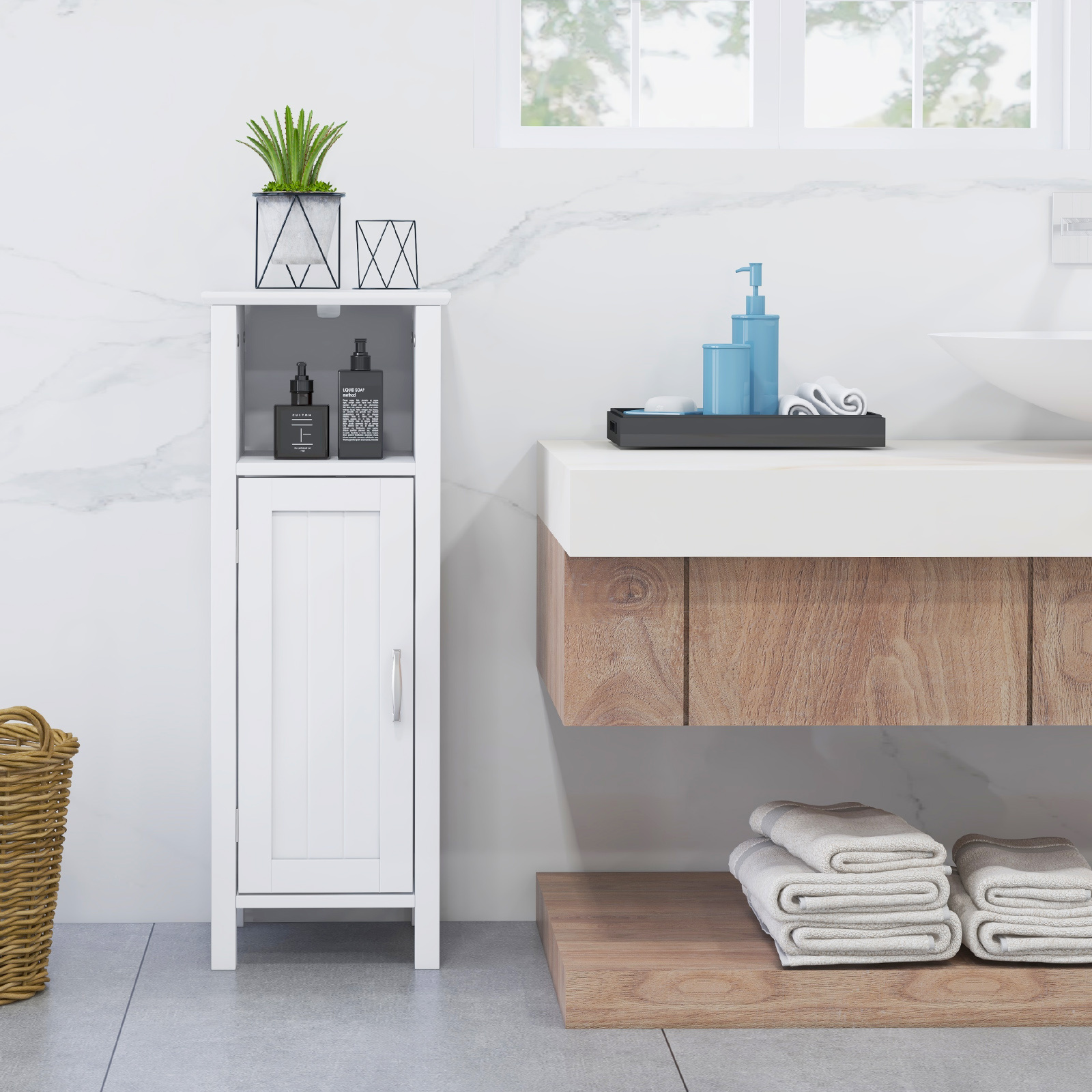 TEMU de sol de salle de bain COSTWAY, de rangement à porte unique sur pieds avec compartiment ouvert et étagère réglable, organisateur de rangement