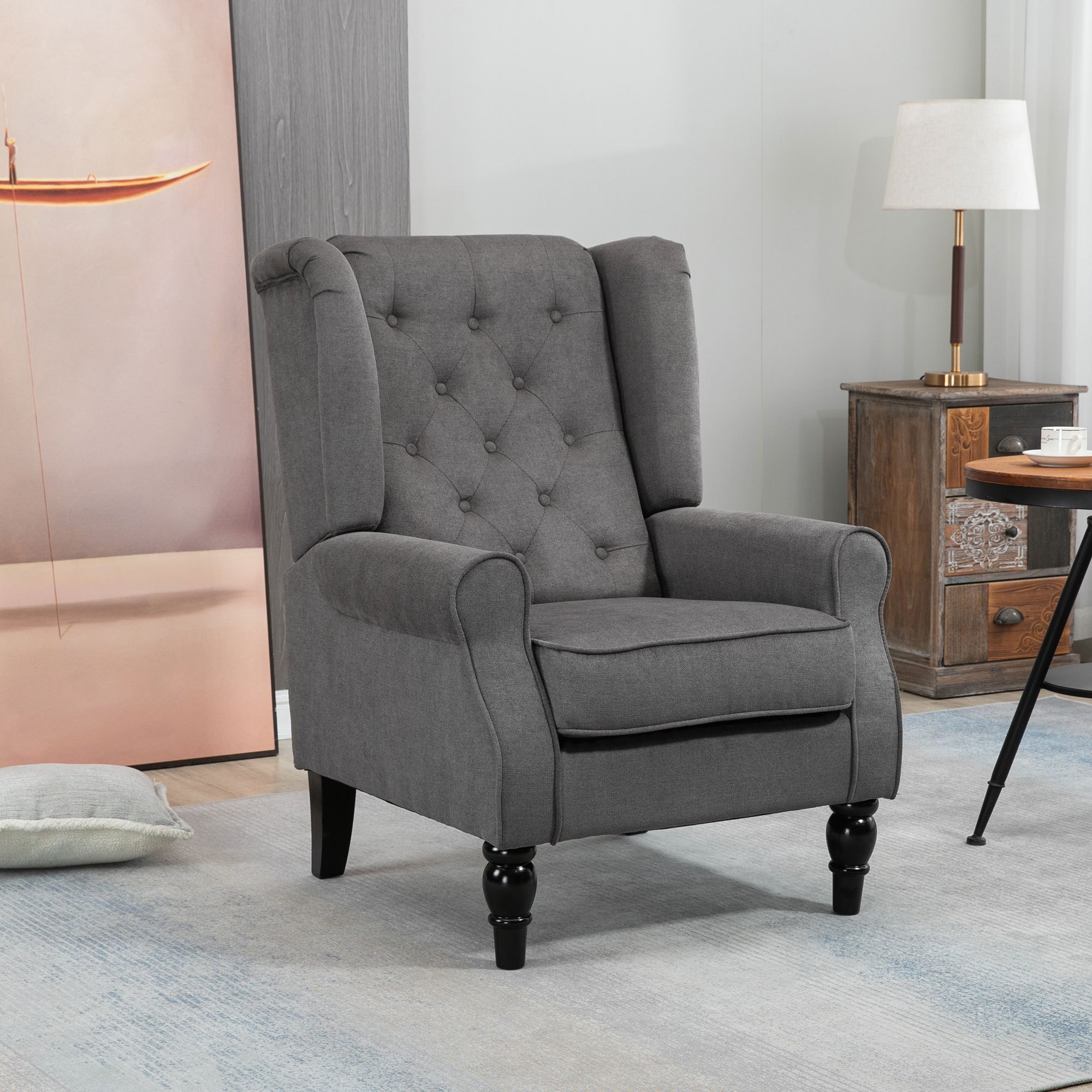 TEMU Fauteuil d'appoint en tissu, fauteuil capitonné à boutons, fauteuil moderne rembourré pour salon, fauteuil à ailé avec pieds en bois, accoudoirs