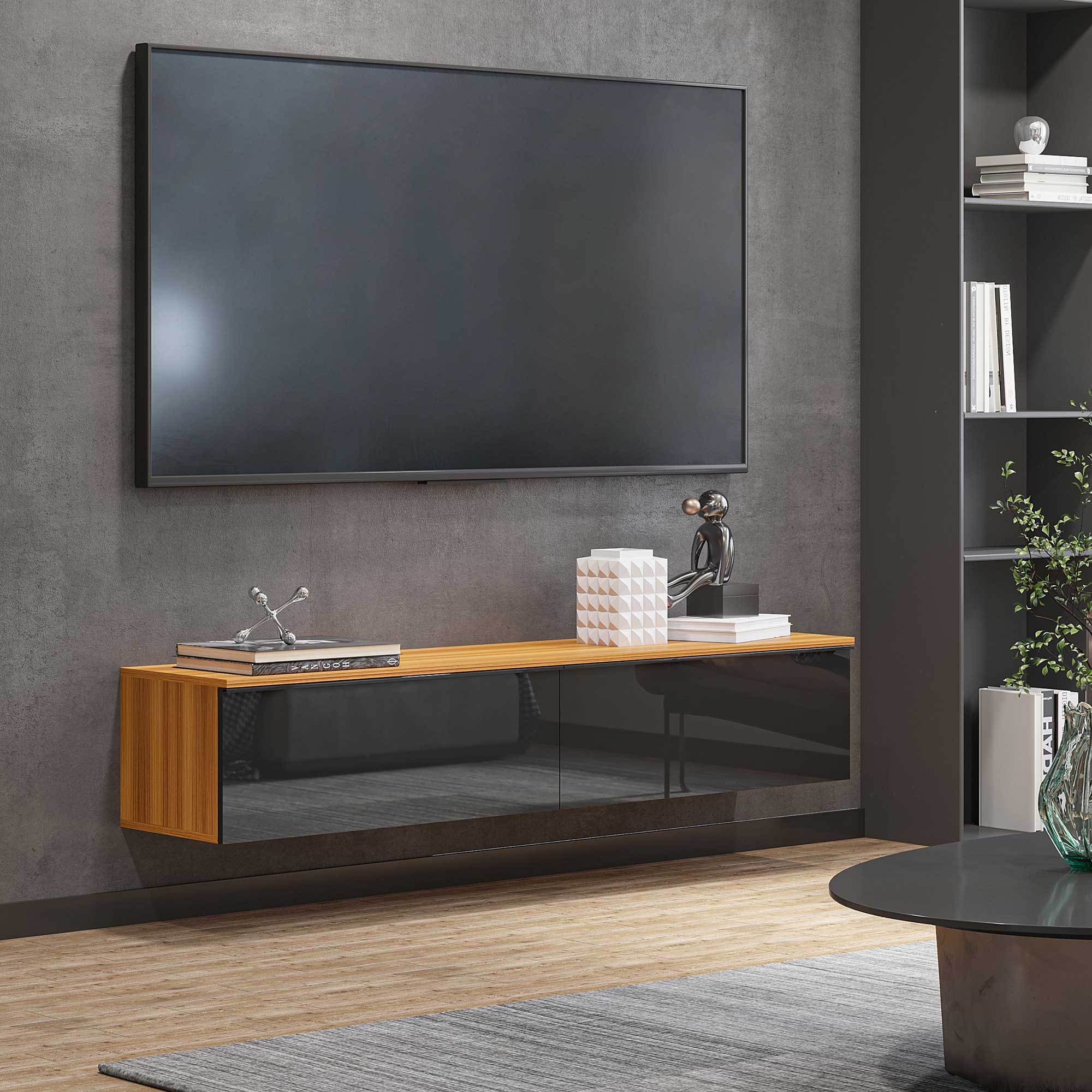 TEMU HOMCOM Support TV Flottant 63", Console Murale Moderne pour Téléviseurs jusqu'à 70", Centre de avec Rangement, Effet Haut Brillant, Marron et