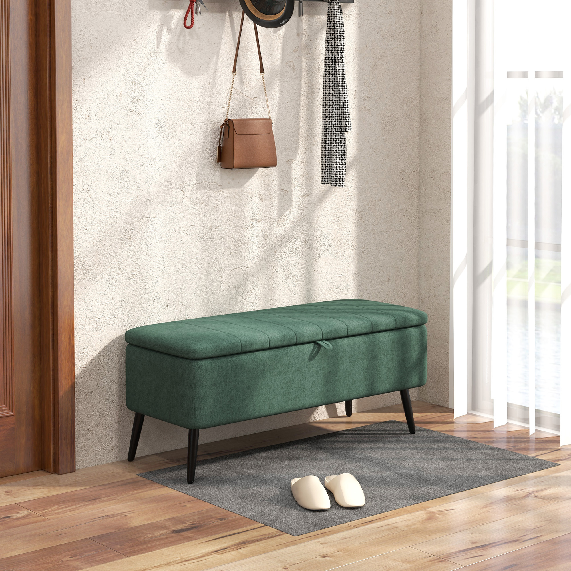 TEMU Tabouret de rangement avec couvercle à rabat, banc rembourré rectangulaire, tabouret de pied en tissu de lin avec pieds en acier pour salon,