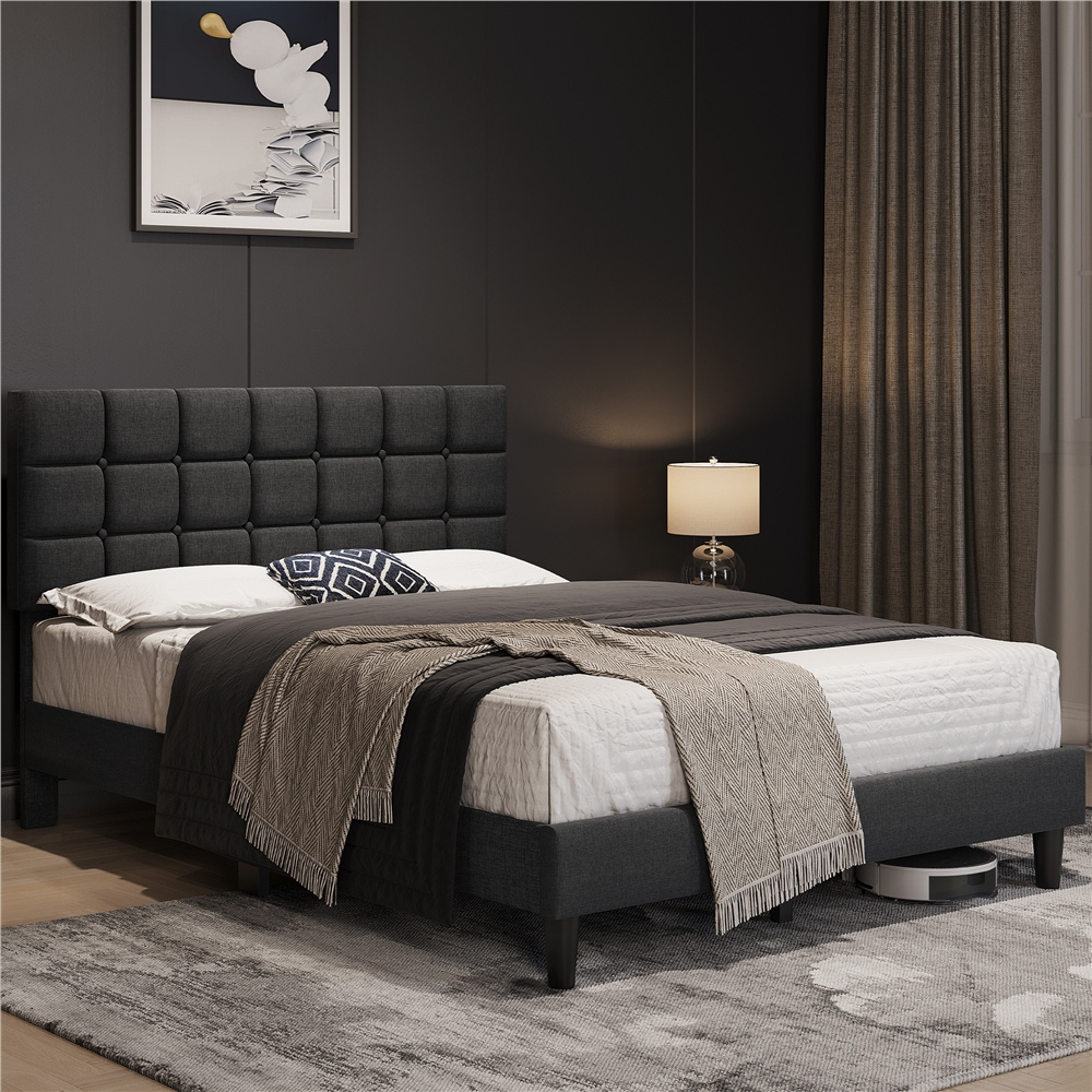 TEMU Design Bed Frame, Queen Size Upholstered Bed Frame, Modern Platform Bed Frame With Square Tufted Headboard, Strong Wooden Slats Support Height