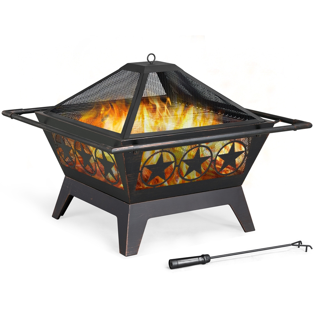TEMU Design Fire Pit, 32in Square Fire Pit, Iron Fire Pit Outdoor Garden Supplies Round Steel Fire Bowl With Mesh Cover Grills Winter Heating