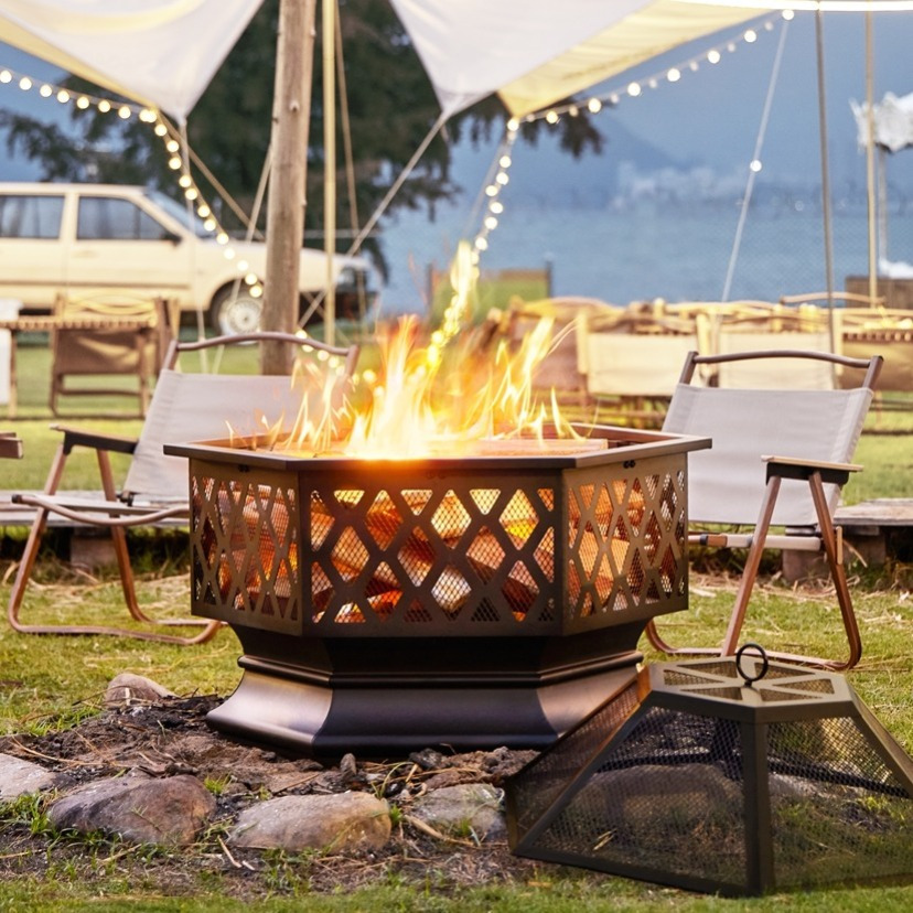 TEMU Design Fire Pit, 28in Steel Fire Pit, Hex-shaped Steel Fire Pit, Hex-shaped Wood Burning Outdoor Fireplace With Spark Screen & Fire For Outside,