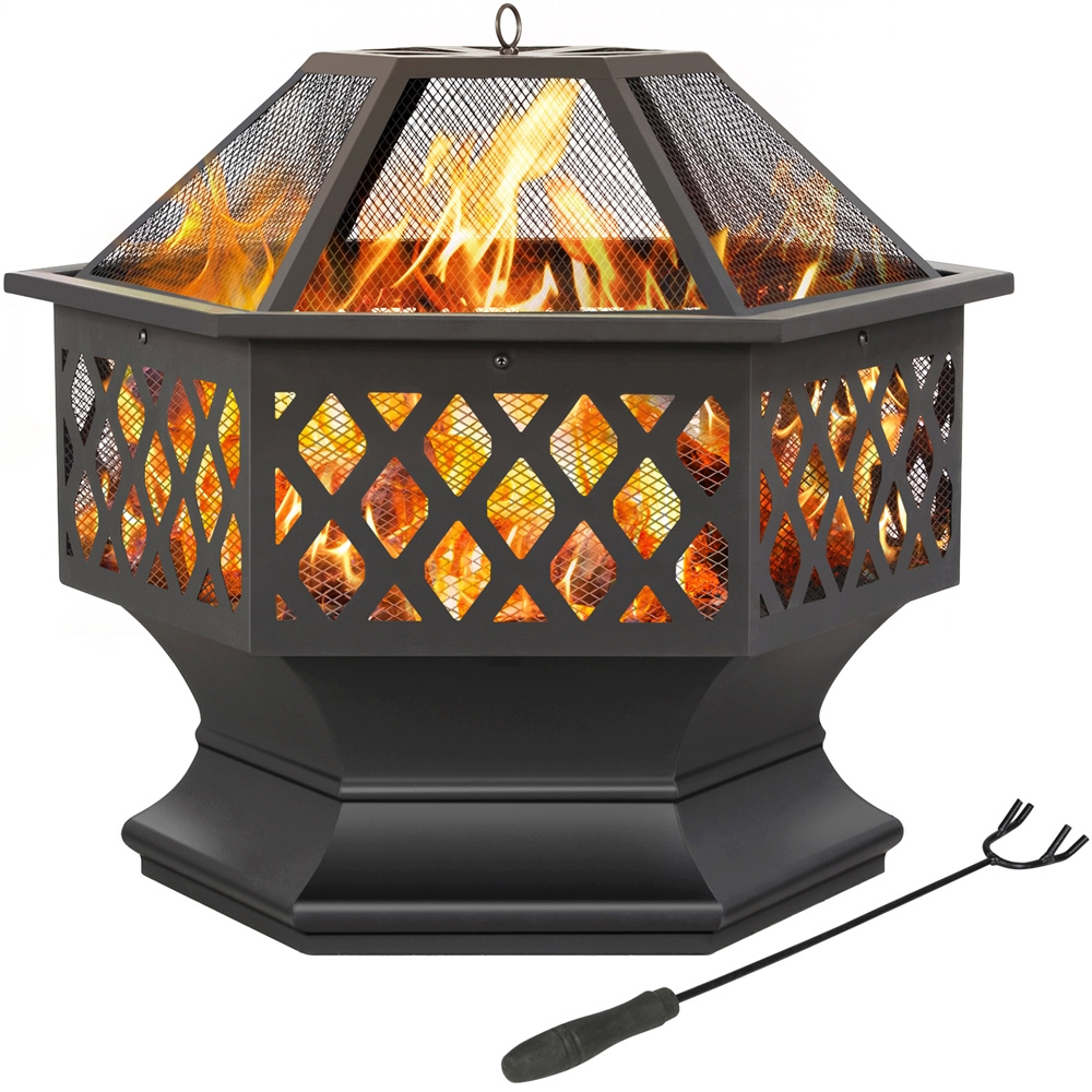 TEMU DESIGN 24in Feu de en métal, hexagonal d'extérieur, robuste avec couvercle en et poêle à bois en acier, hexagonal de poêle pour patio extérieur,
