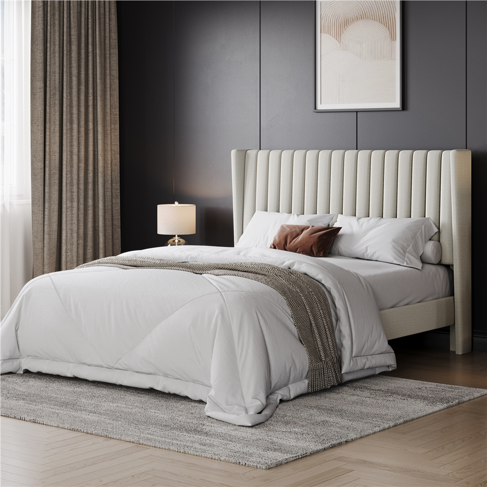 TEMU Design Bed Frame, Full Upholstered Bed Frame With Wing Side, Fabric Upholstered Bed With Headboard, Platform Bed Frame With Channel Tufted