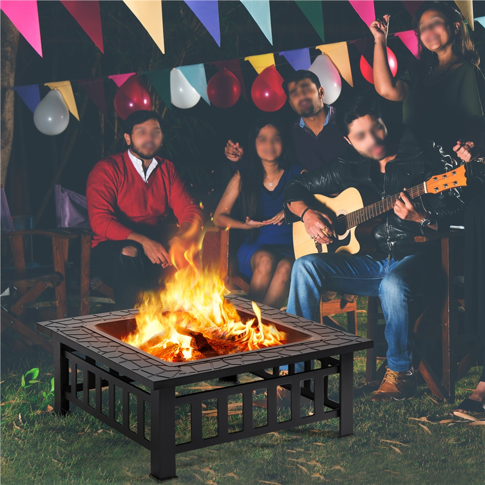 TEMU Design Fire Pit, 34in Multifunctional Square Fire Pit, Outdoor Square Fire Pit With Cover & , Metal Garden Stove For Barbecue, Heating, Cooling