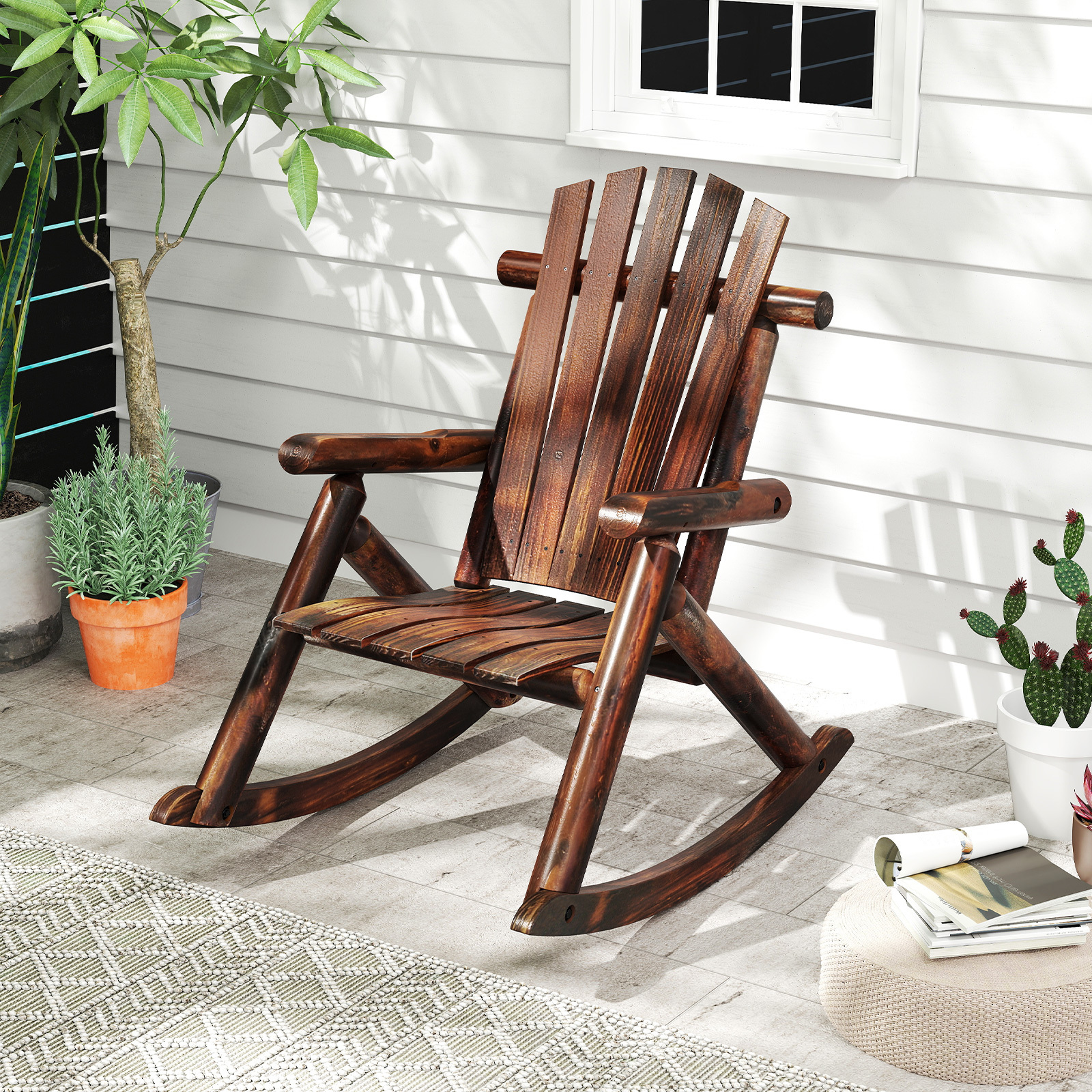 TEMU Chaise Longue Extérieure Adirondack COSTWAY pour Adultes, Fauteuil de Balcon en Bois avec Haut et Siège à Lattes, Chaise de Patio pour Jardin et