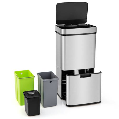 19 gal stainless steel trash can motion sensor garbage bin with kitchen waste bin 2 recycling bins anti fingerprint touchless trash bin with soft closing lid battery operated