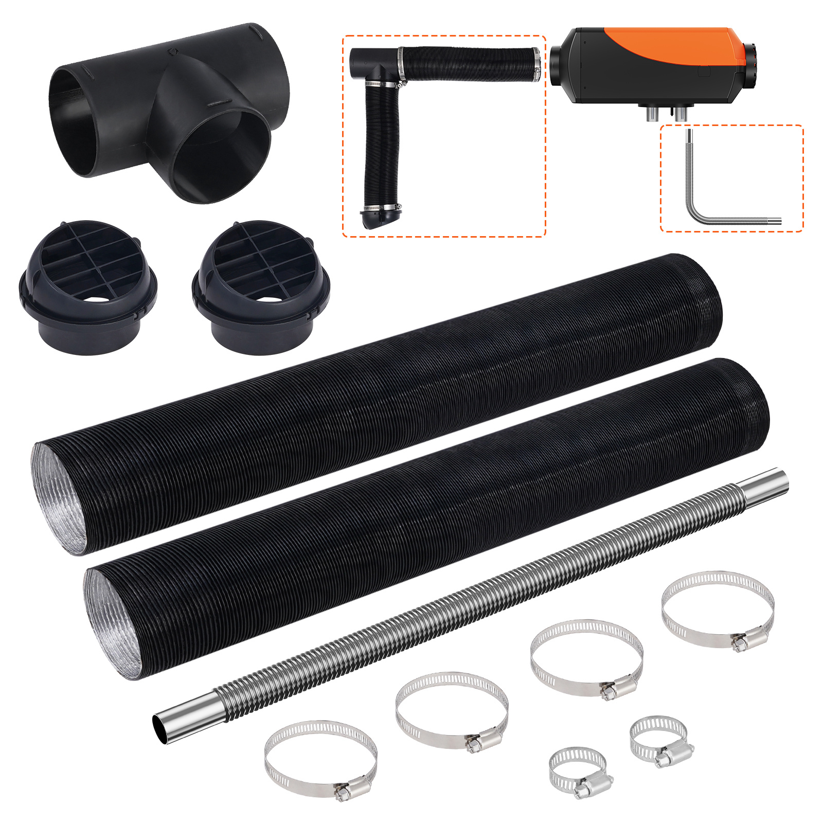 TEMU Vevor Heater Pipe Ducting Set, 3" Extendable Air Duct Hose, 1" Stainless Steel Exhaust Pipe, 2 Air Vents, Tee Air Outlet Connector And Hose