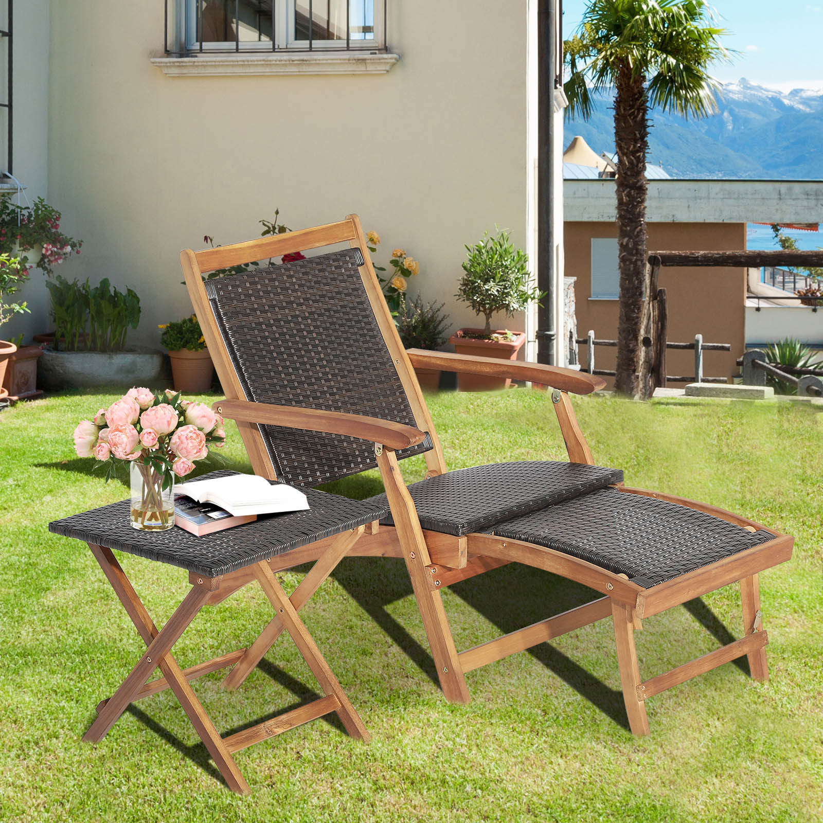 TEMU Ensemble de Fauteuil de Jardin COSTWAY, Chaise Longue en Bois d'Acacia avec Table d'Appoint, Siège en Rotin et Plateau, Design à Plis Rapide,