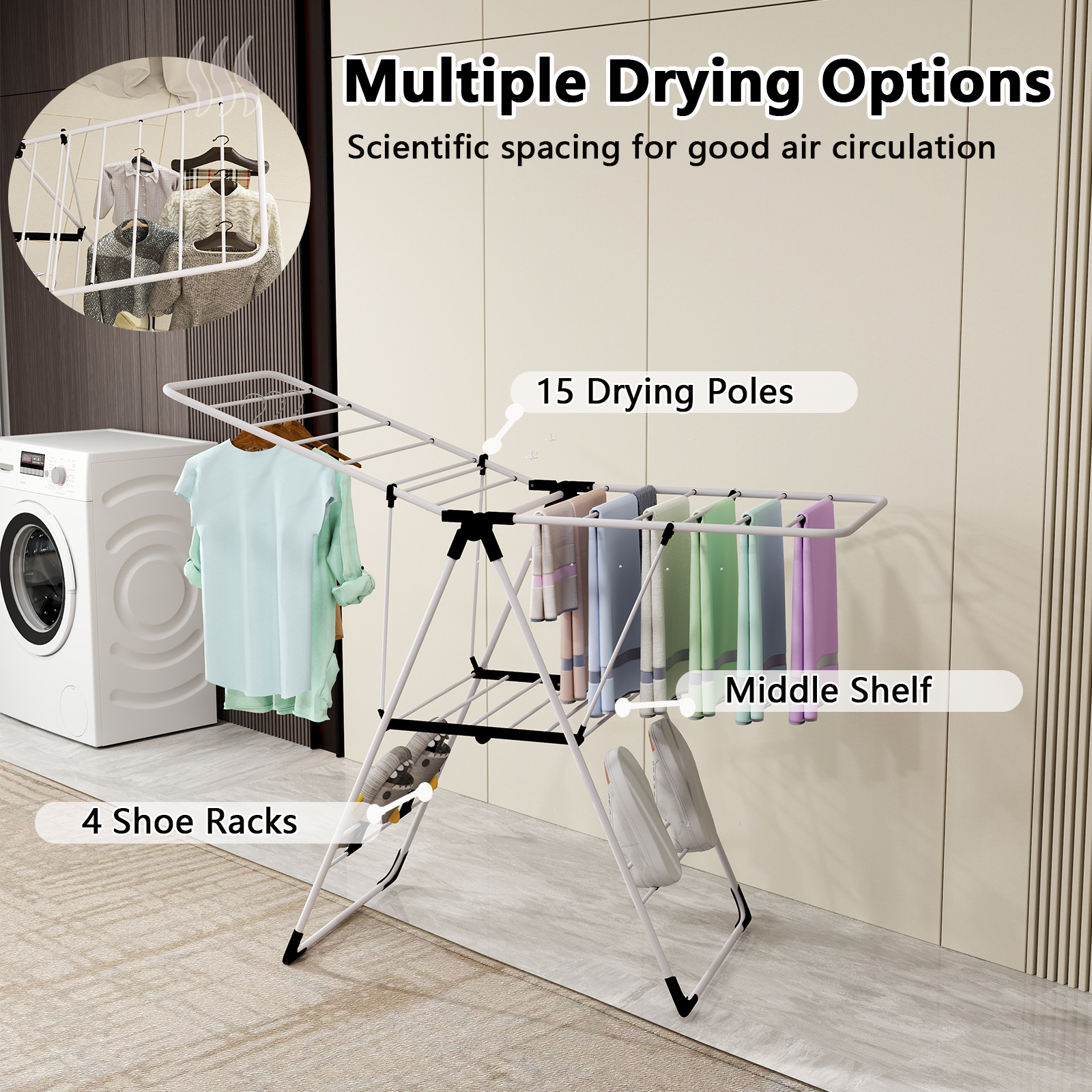 TEMU COSTWAY Étagère de séchage pliable, rangement de vêtements de lessive, séchoir pliable portable, cintre de vêtements robuste, étagère de séchage