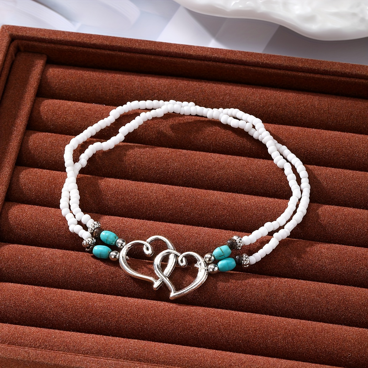 TEMU Ensemble de Chevillères Bohèmes Élégantes à Double Cœur avec Perles Turquoise et , Élastique, Cadeau Idéal pour Femmes, Style Empilé, Mode