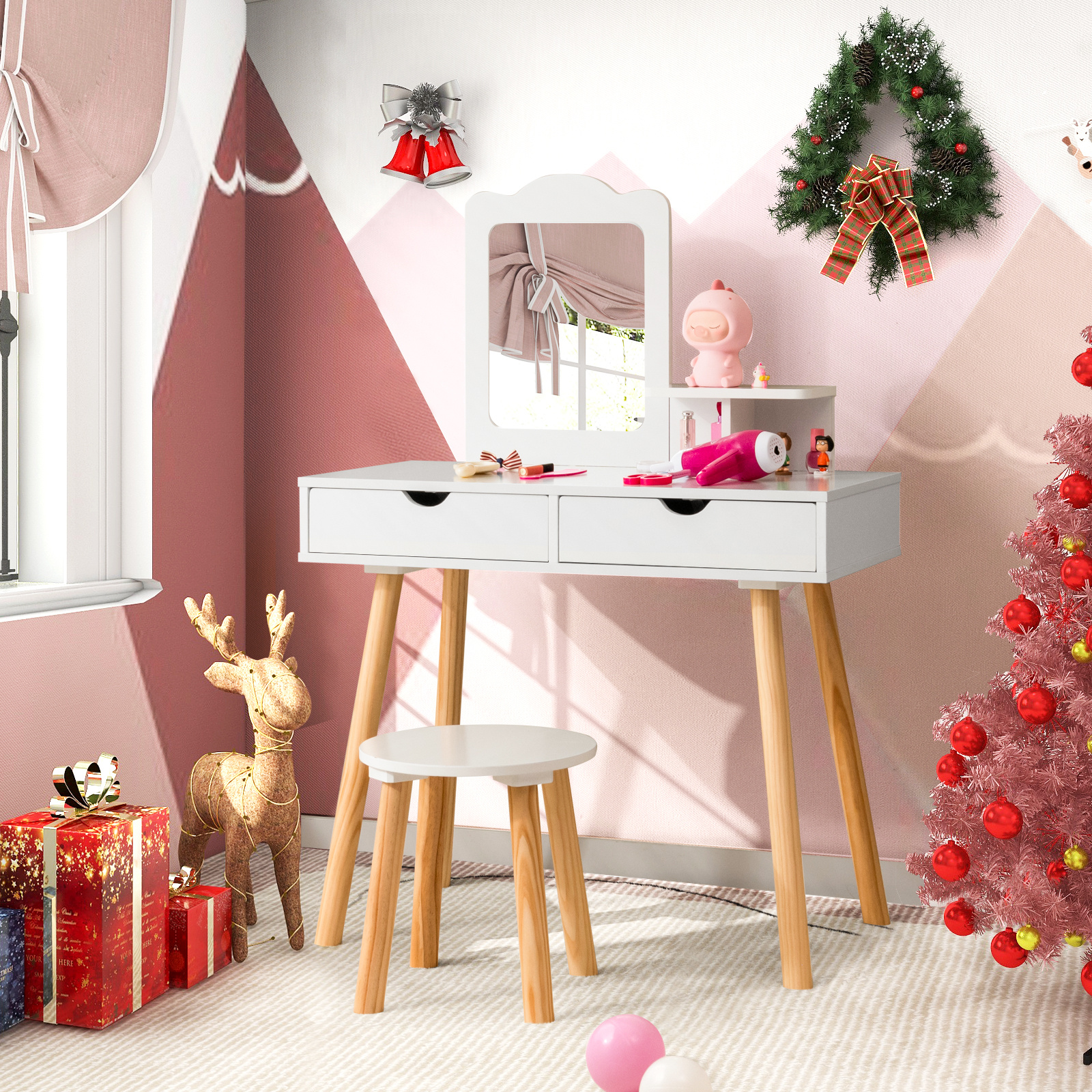 TEMU Costway 2-in-1 Kids' Vanity Set, Kids Wood Vanity Table & Stool With 1 Rectangular Mirror & 2 Large Drawers, Table And Chair Vanity Set For