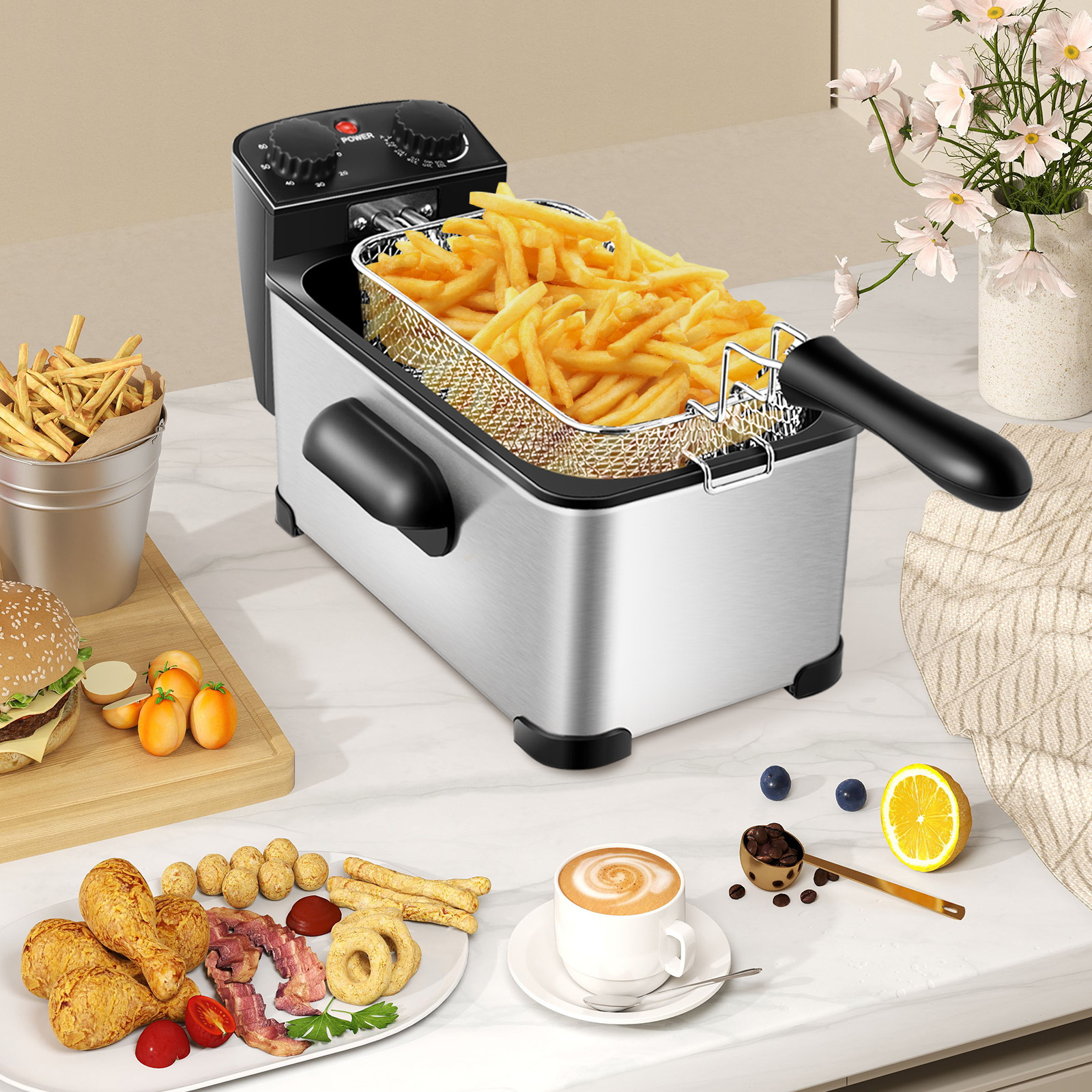 TEMU COSTWAY 1700W Friteuse à froid en acier inoxydable, friteuse électrique à double réservoir de 3 L avec fenêtre , panier à de 12 tasses,