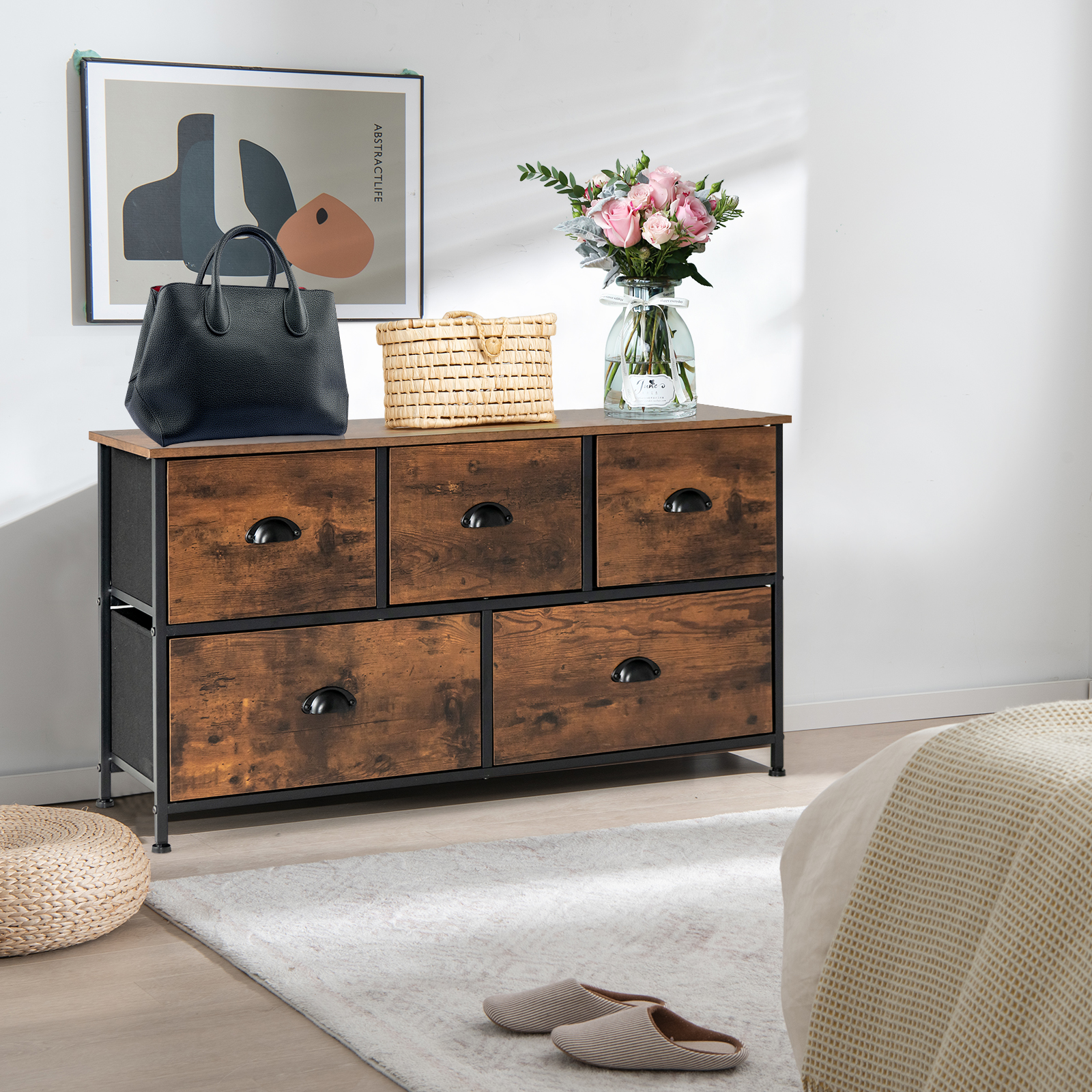 TEMU Costway Dresser Organizer With 5 Drawers, 2-tier Rustic Storage Organizer With Removable And Foldable Fabric Drawers And , Wide Chest Of Drawers