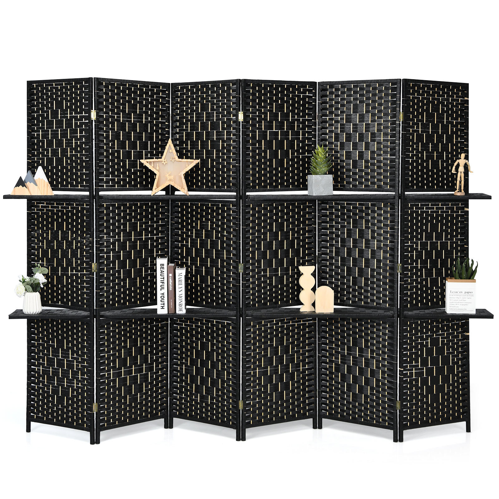 TEMU COSTWAY 6 panneaux séparateur de pièce indépendant, 6 pieds de haut et de large, séparateur de pièce en fibre tissée à main avec étagères,