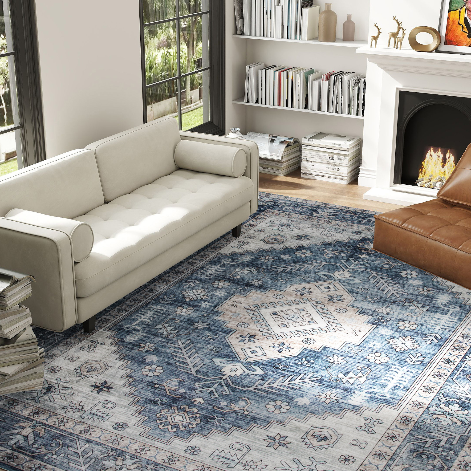 TEMU 8x10 Tapis Vintage Lavable en Machine, Tapis Antidérapant pour Salon, Chambre, Salle à Manger, Bureau, Bleu