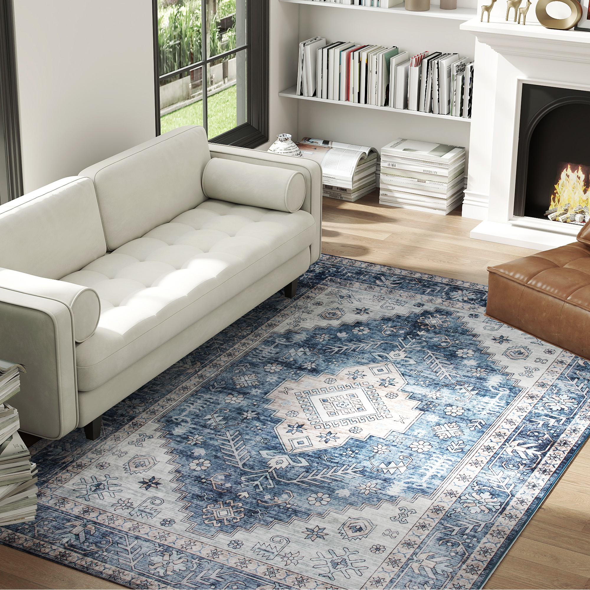 TEMU 5x7 Tapis Vintage Lavable en Machine, Tapis Antidérapant pour Salon, Chambre, Salle à Manger, Bureau, Bleu