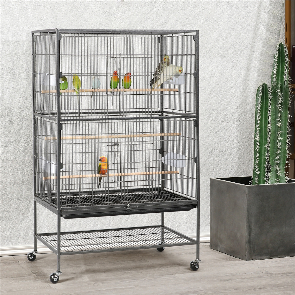 TEMU Design Bird Cage, 52" H Extra Large Flight Parrot Cage, Standing & Rolling Metal Bird Cage For Small To Medium Size Birds With 4 Feeders & 3