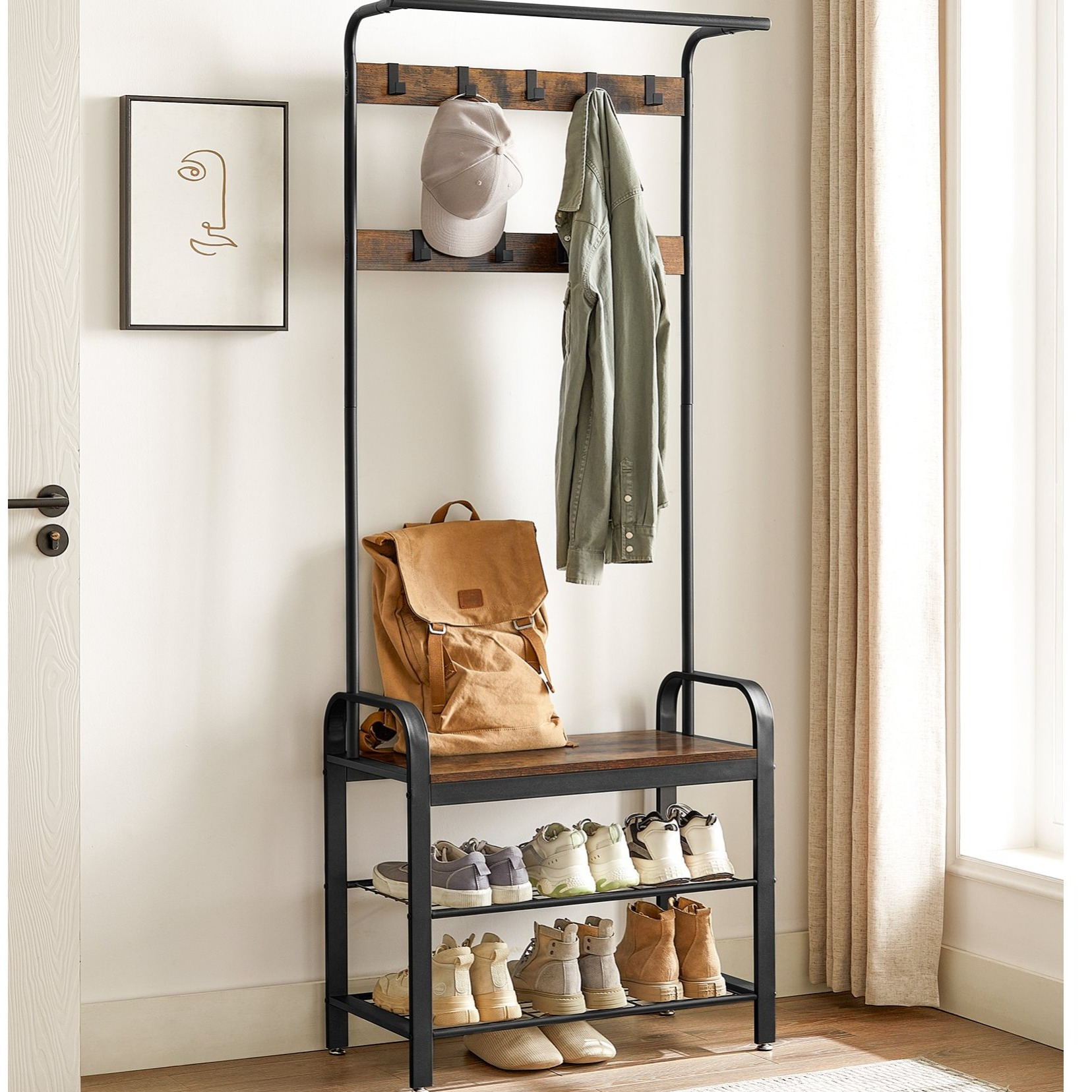 TEMU Porte-manteau, étagère d'entrée avec banc à chaussures, banc d'entrée avec porte-manteau, 4-en-1, marron rustique et noir