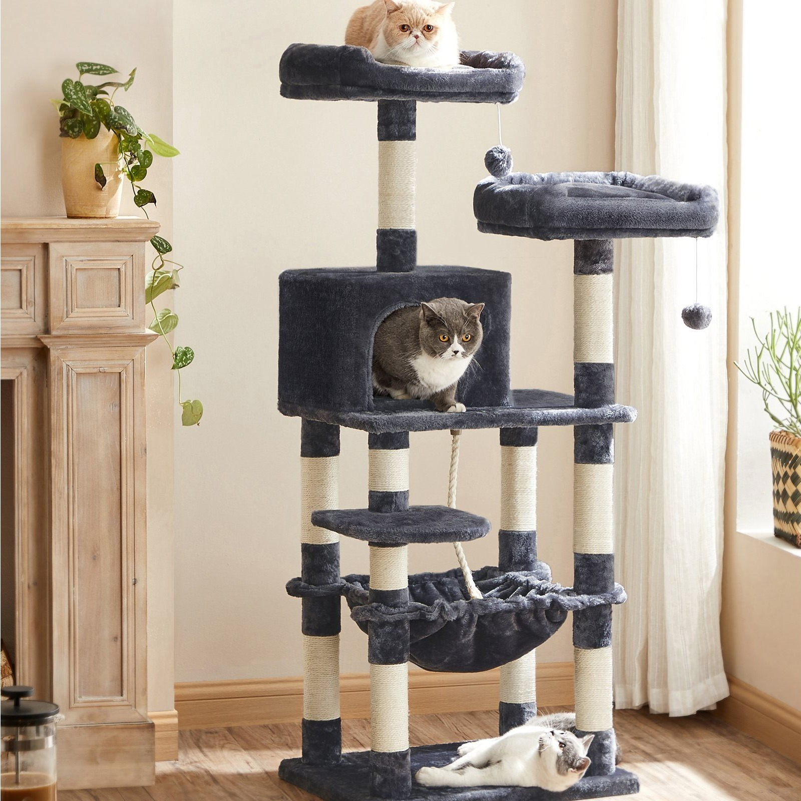 TEMU Arbre à Chat de 56,3 Pouces, Poteau à avec Perchoir en Peluche, Hamac et Condo, Gris Fumé