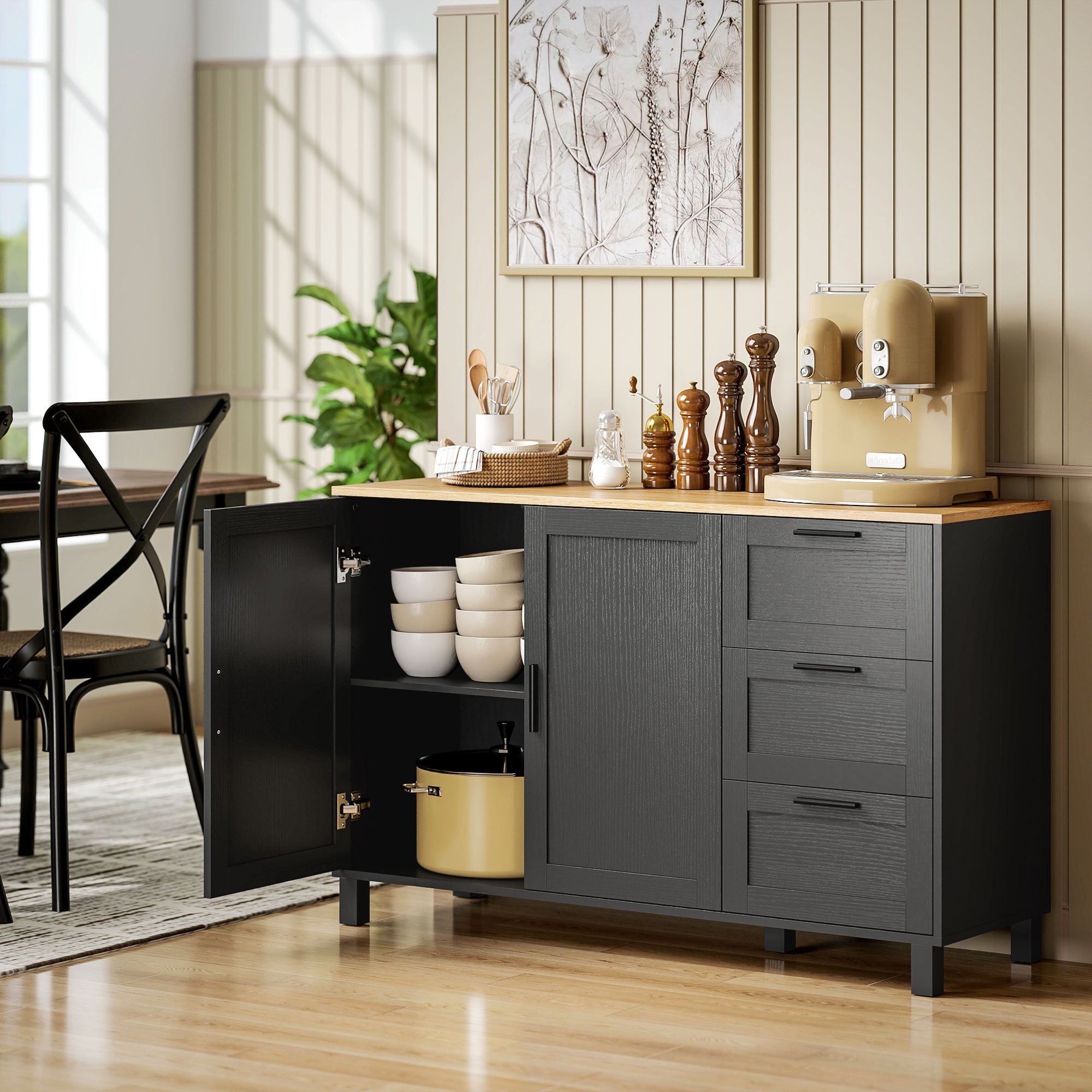 TEMU Modern Sideboard Buffet Cabinet With Doors, 47" Coffee Bar Cabinet With 3 Drawers And Adjustable Shelf, Kitchen Credenza With 5 Pine Wood Legs,
