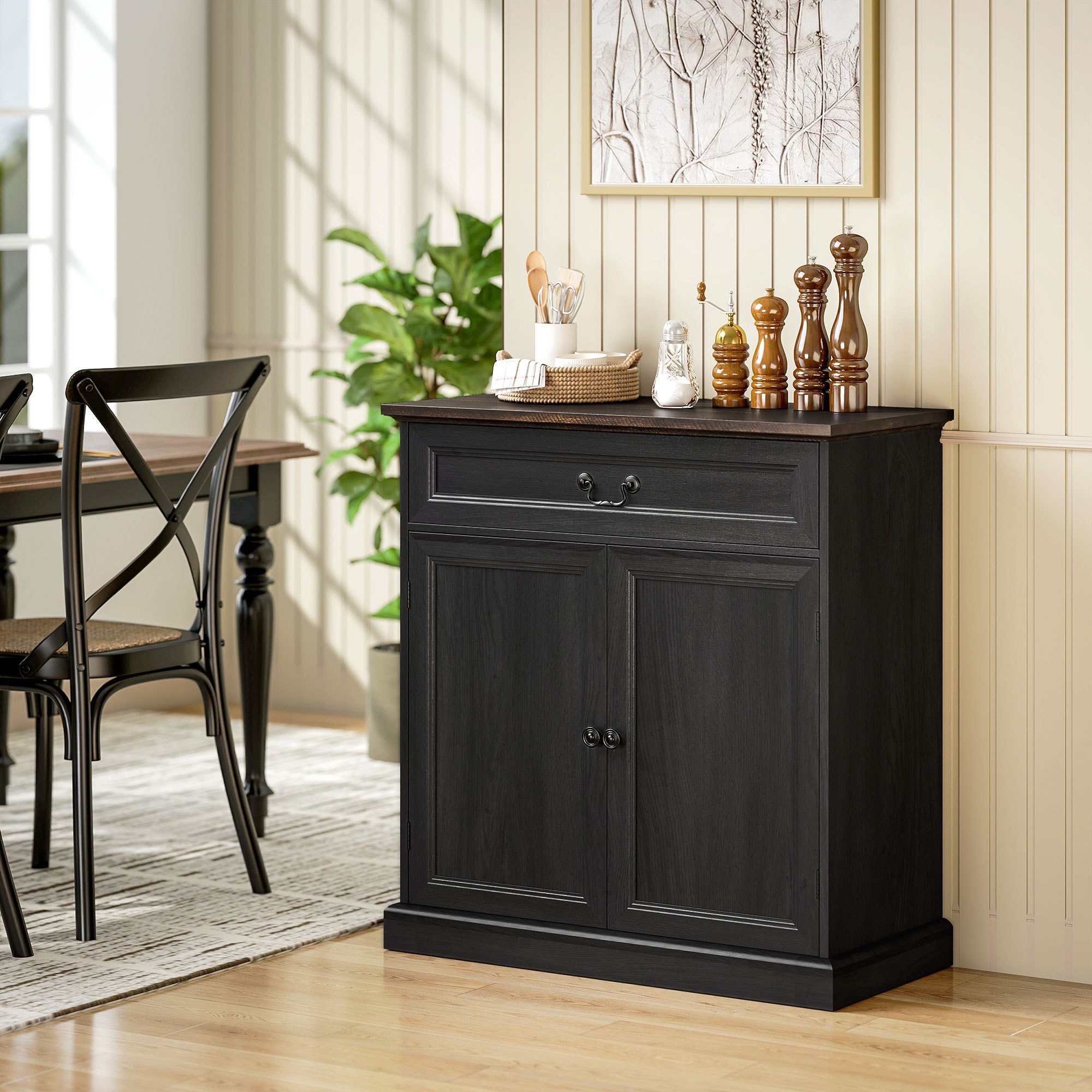TEMU Buffet à langer 32", Meuble de bar à café de ferme avec dessus de table épais, tiroir silencieux et étagère réglable pour cuisine, grain de