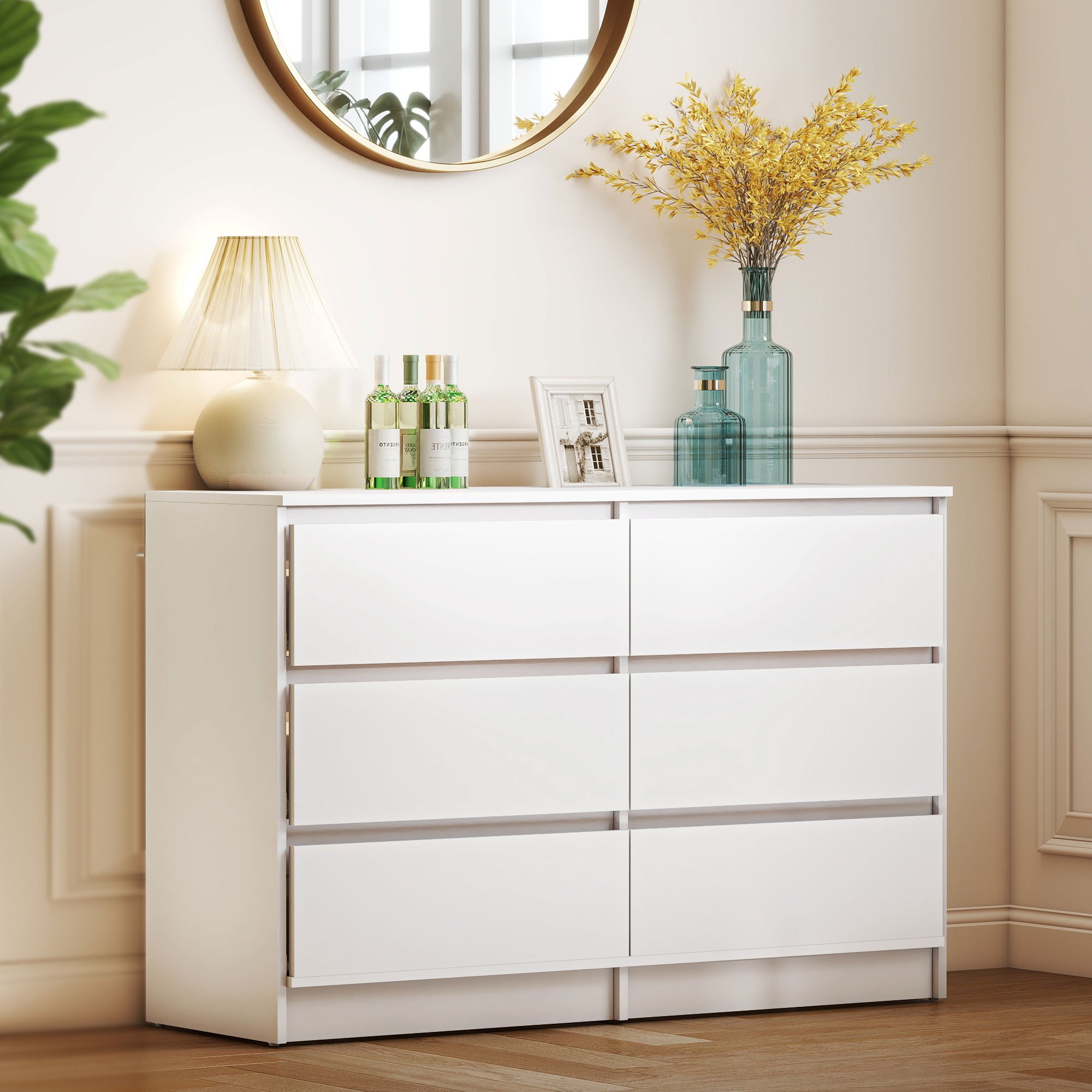 TEMU Commode à 6 Tiroirs pour Chambre à Coucher, Grand Coffre à Tiroirs, Organisateur de Rangement de Vêtements Moderne pour Salon, Couloir, Blanc