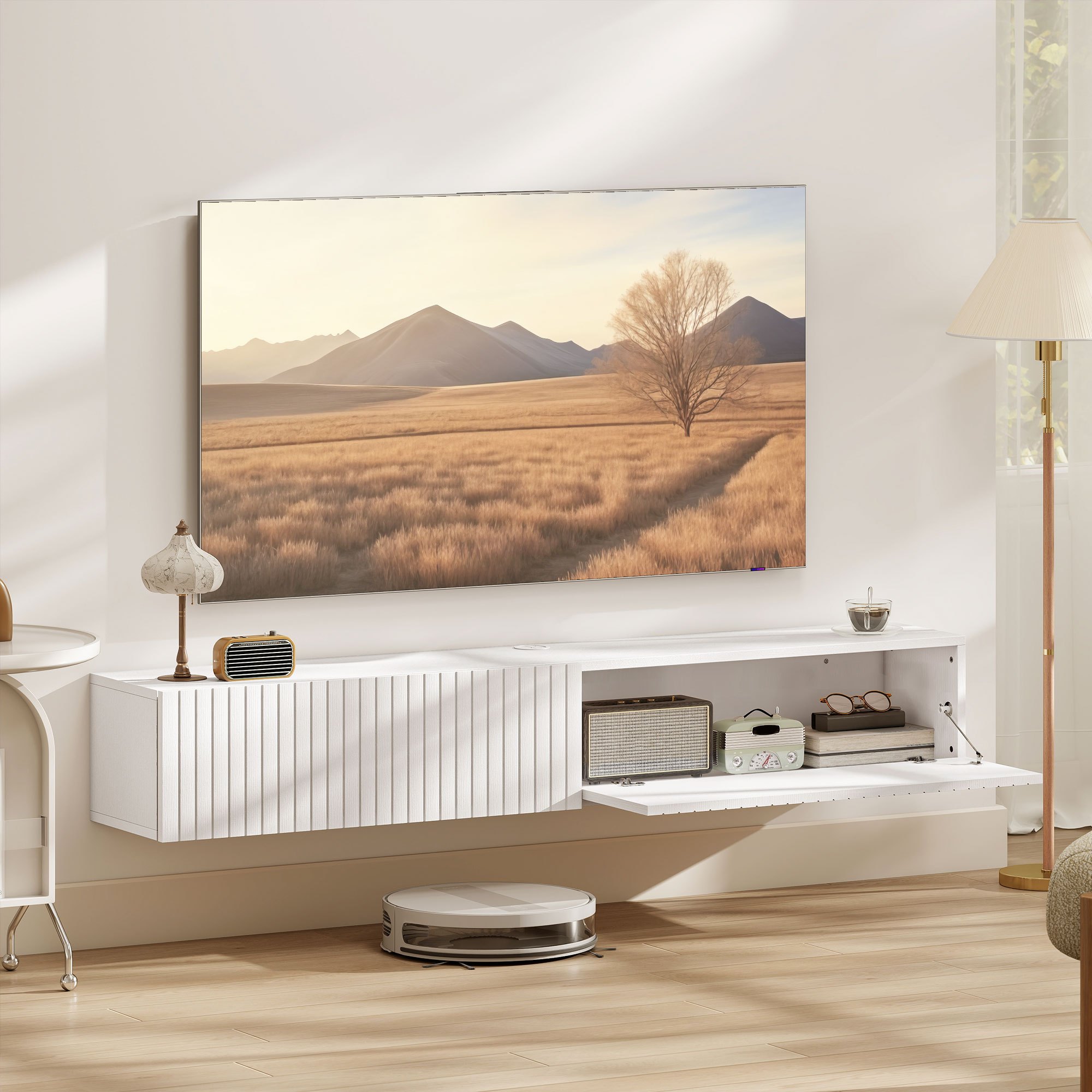 TEMU Support TV Flottant 55" pour Téléviseurs jusqu'à 72 Pouces, Console Murale avec 2 Portes Rabattables à Biseaux, Centre d'Entertainment Avec Trou