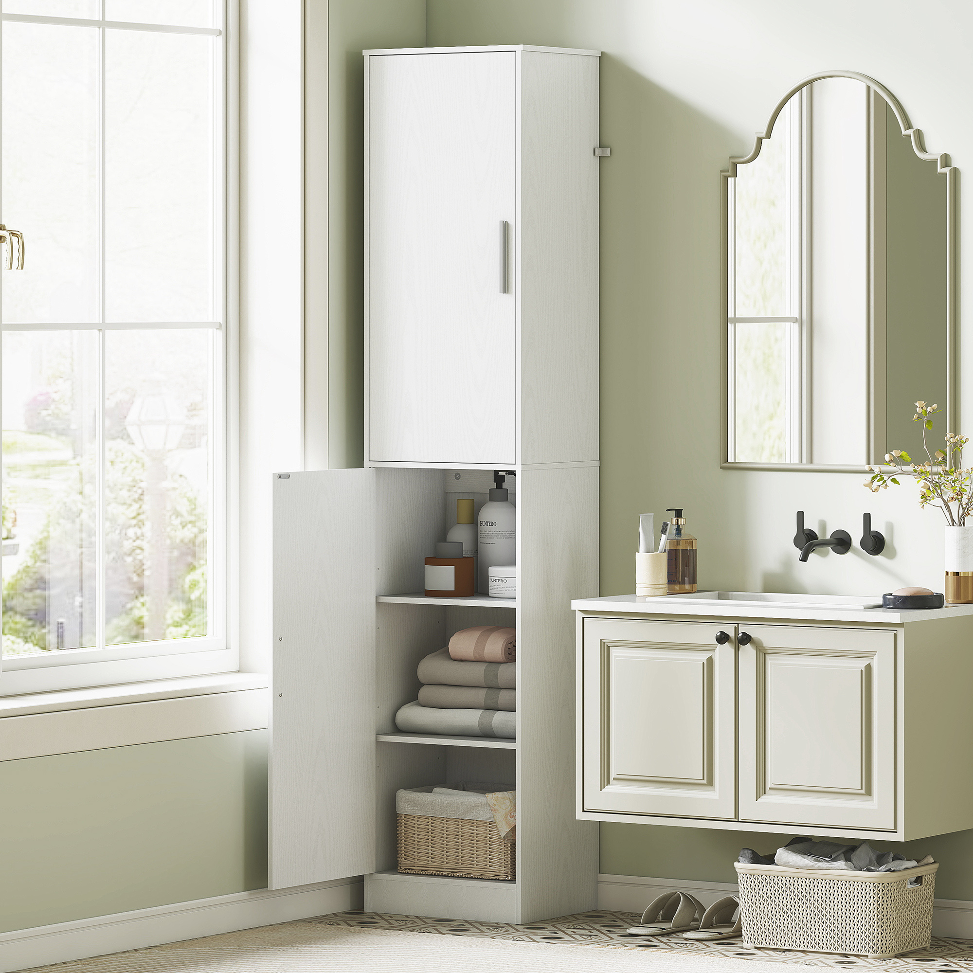 TEMU de salle de bain de 16" de hauteur, meuble de sol avec 2 portes et 4 étagères réglables, organisateur de rangement mince et autoportant pour ,