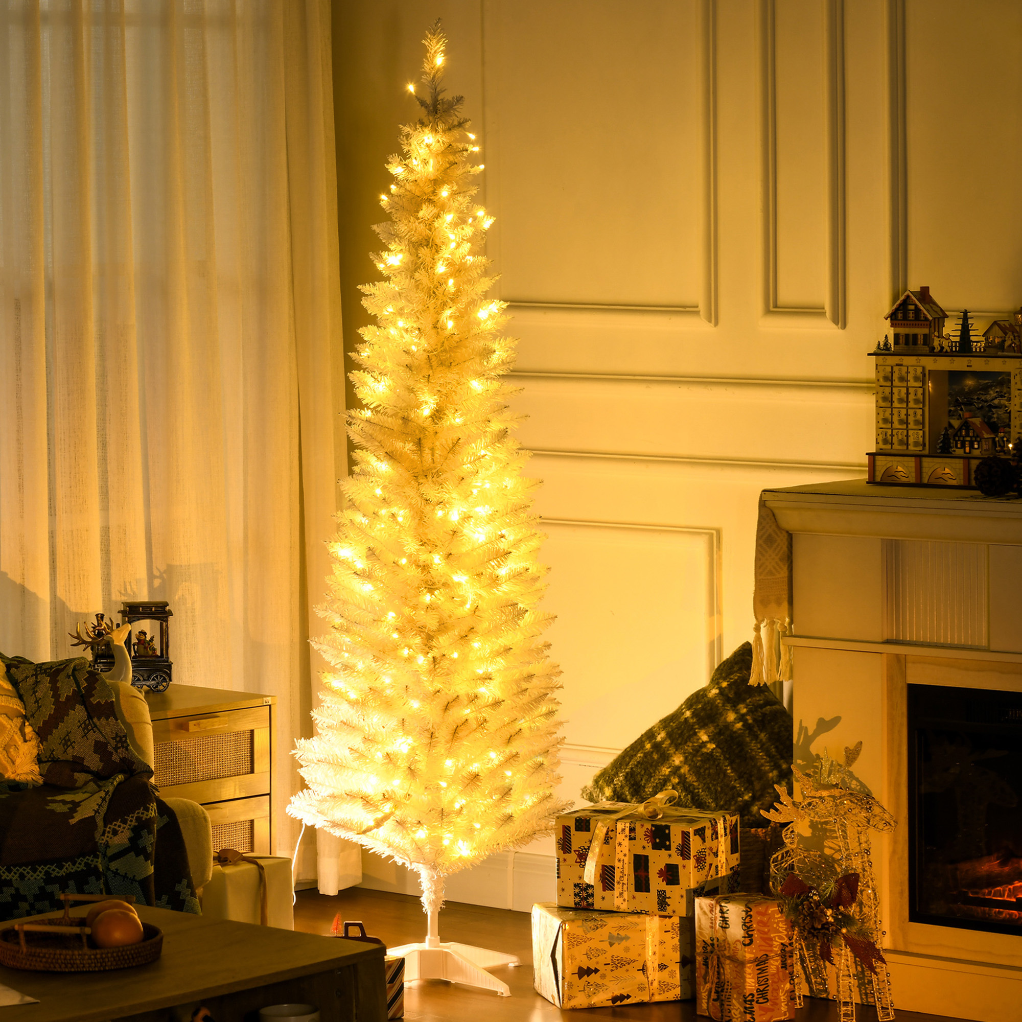 TEMU Arbre de Noël Artificiel Étroit de 1,83 m (6 pi) Préalablement Éclairé en Épicéa avec 390 Pointes Lumières LED Blanches Chaudes Blanc