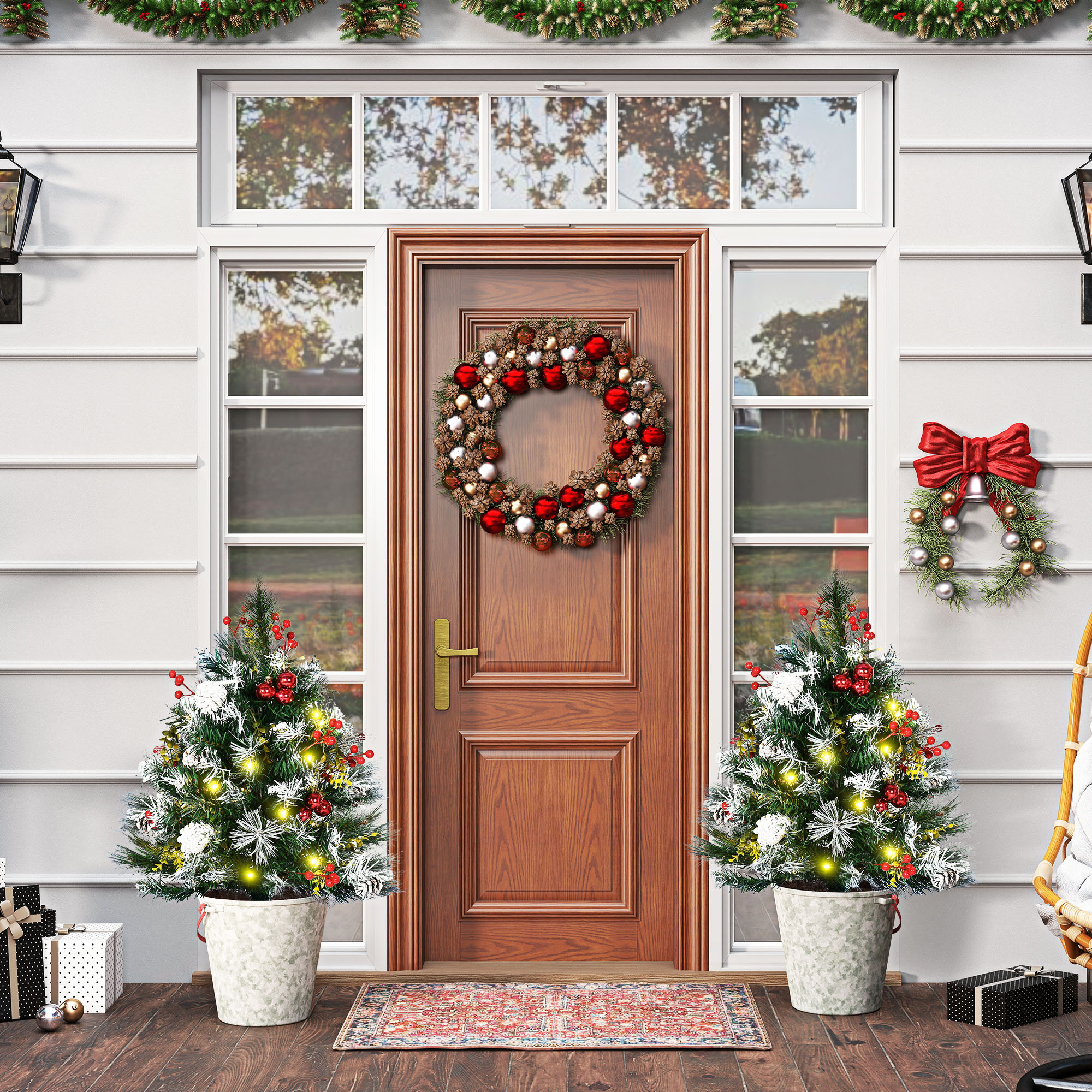 TEMU Homcom 2 Foot/23 Inch 2 Pack Pre-lit Artificial Christmas Tree Cordless With 70 Branches, Warm- White Led Lights, Red Berries, Pine Cones, Balls