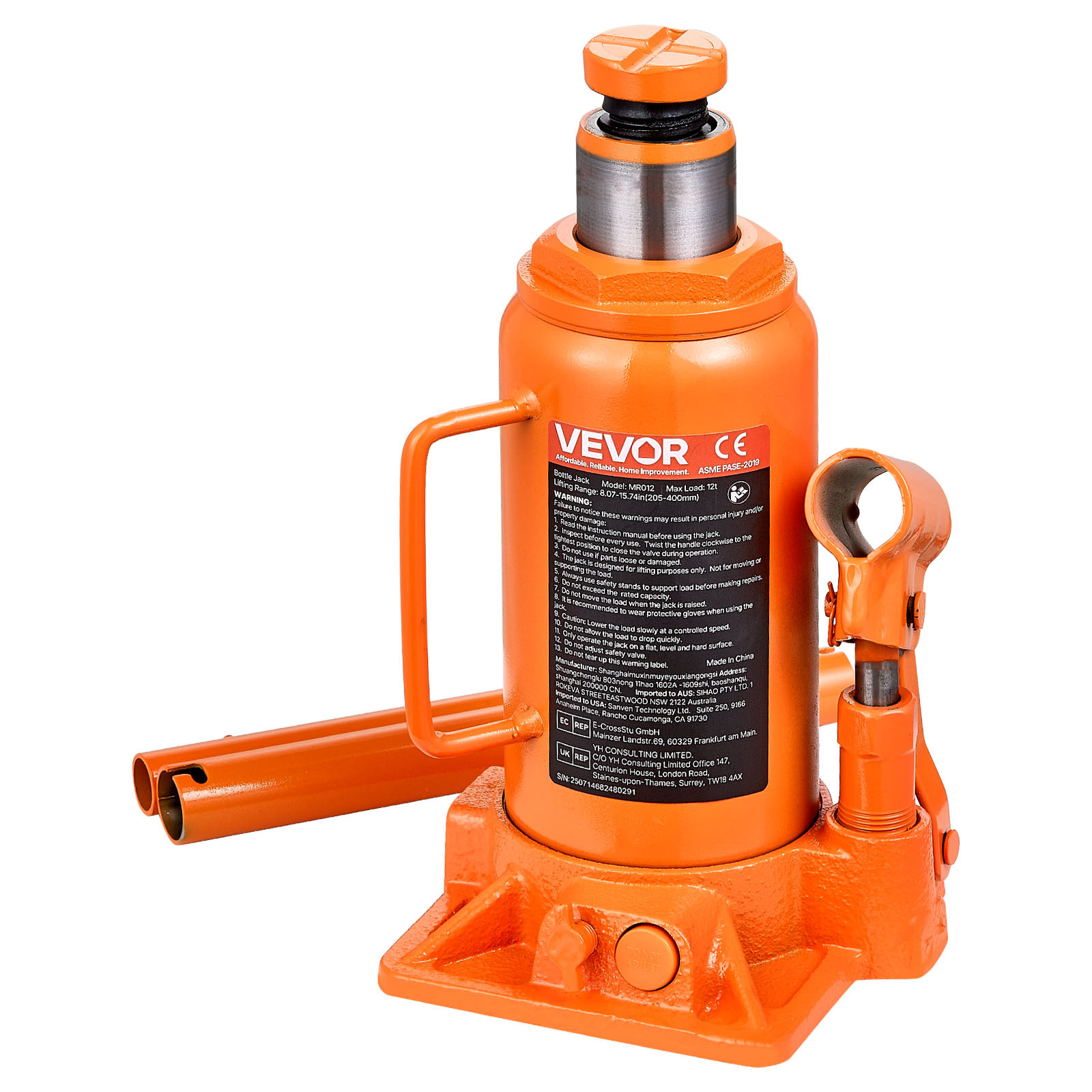 TEMU VEVOR Crémaillère Hydraulique, 12 (26455.5 lbs) de Capacité, Portée de Levage de 8.1-15.7 Pouces, Crémaillère à Bouteille Soudée Robuste pour