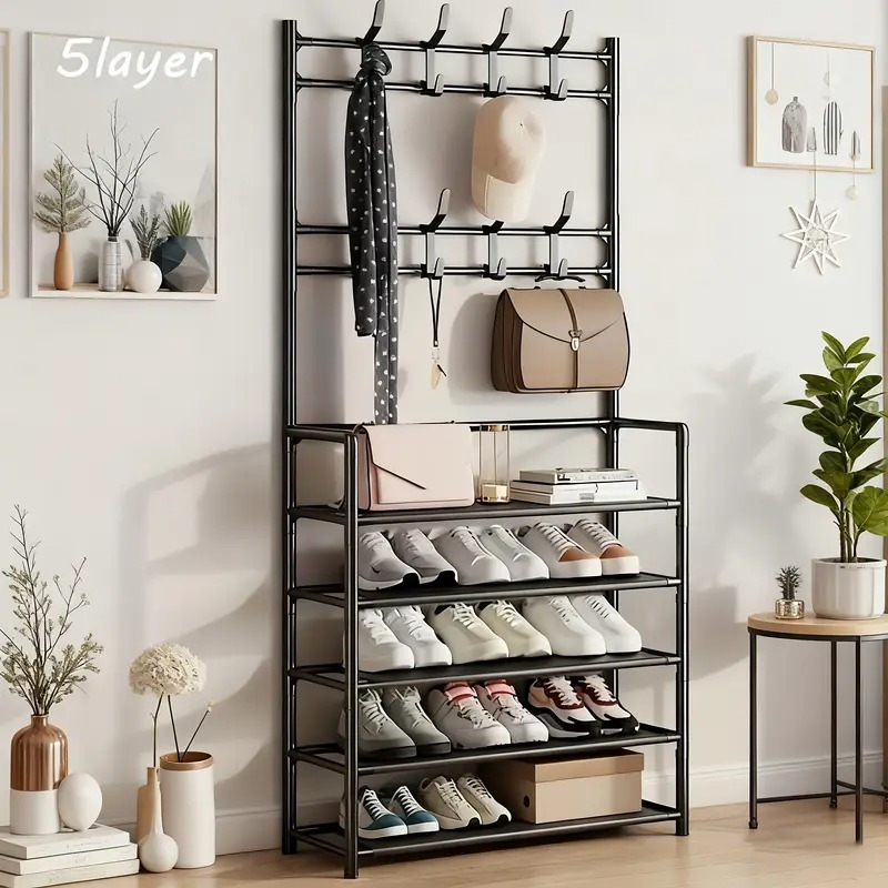 TEMU Étagère à chaussures multifonctionnelle avec crochets intégrés pour manteaux et chapeaux, sur pied, idéale , les d'appartements, le rangement et