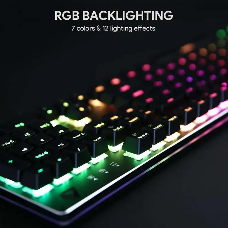 TEMU Aukey Kmg12 Mechanical Keyboard 104key With Gaming Software, Blue Switches, Rbg Light, 7 Pre-set 12 Lighting , Full
