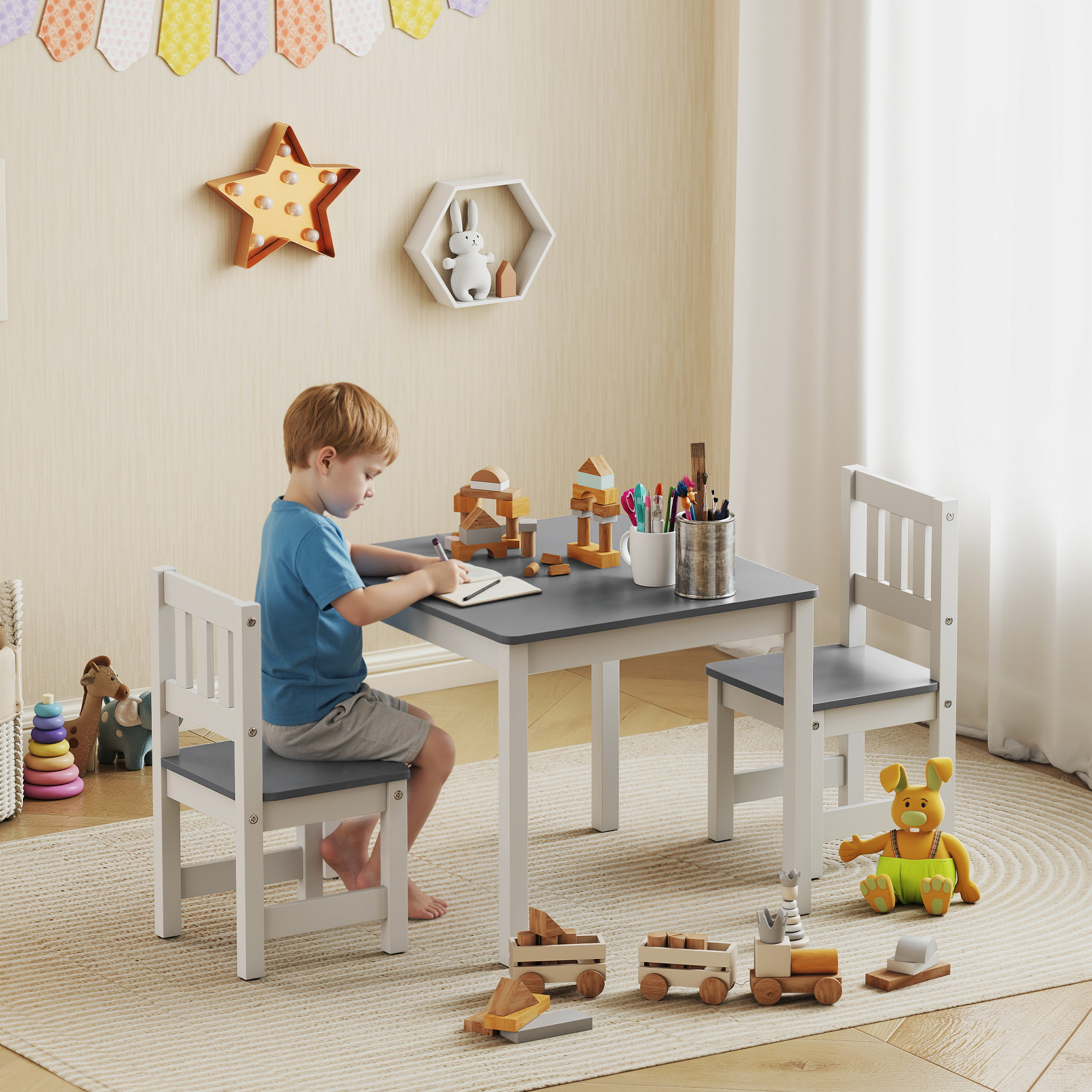 TEMU Qaba Ensemble Table et Chaises pour Enfants, Table Bébé et Ensemble de 2 Chaises pour Activité, Art, Artisanat, Lecture, Apprentissage, pour