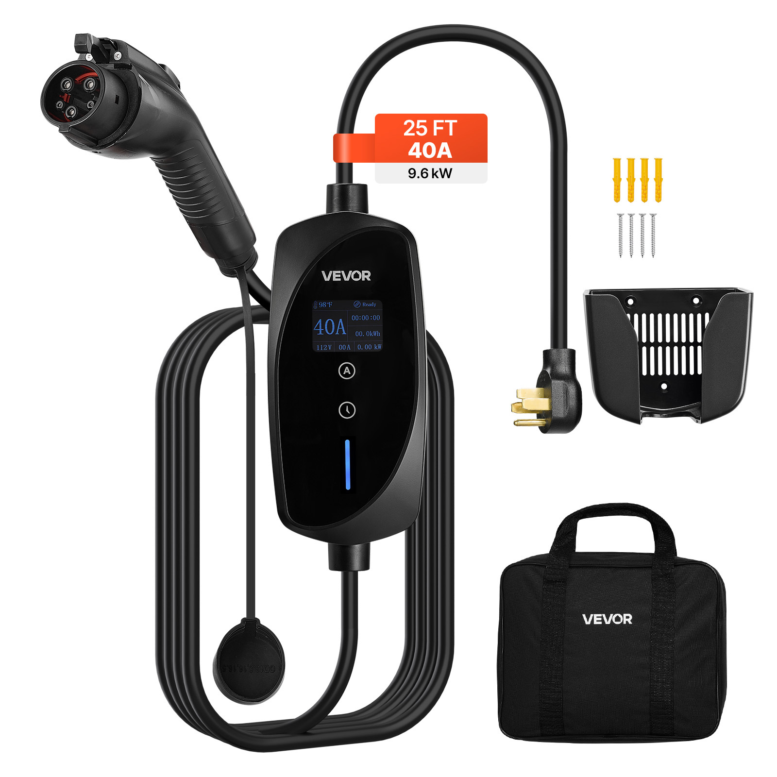 TEMU Chargeur EV Niveau 2, Réglable 32 Amp / 40 Amp, Chargeur Portable pour Véhicule Électrique 240V avec Câble de Charge de 25 pi, Écran LCD, Prise