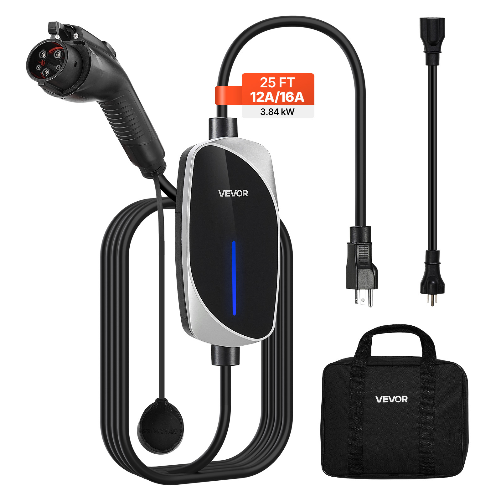 TEMU Level 1&2 Ev Charger, 16 Amp, Electric Vehicle Portable Charger With 25 Ft Charging Cable, 120v-240v, 6-20p Plug 5-15 Adapter, Led Indicator,