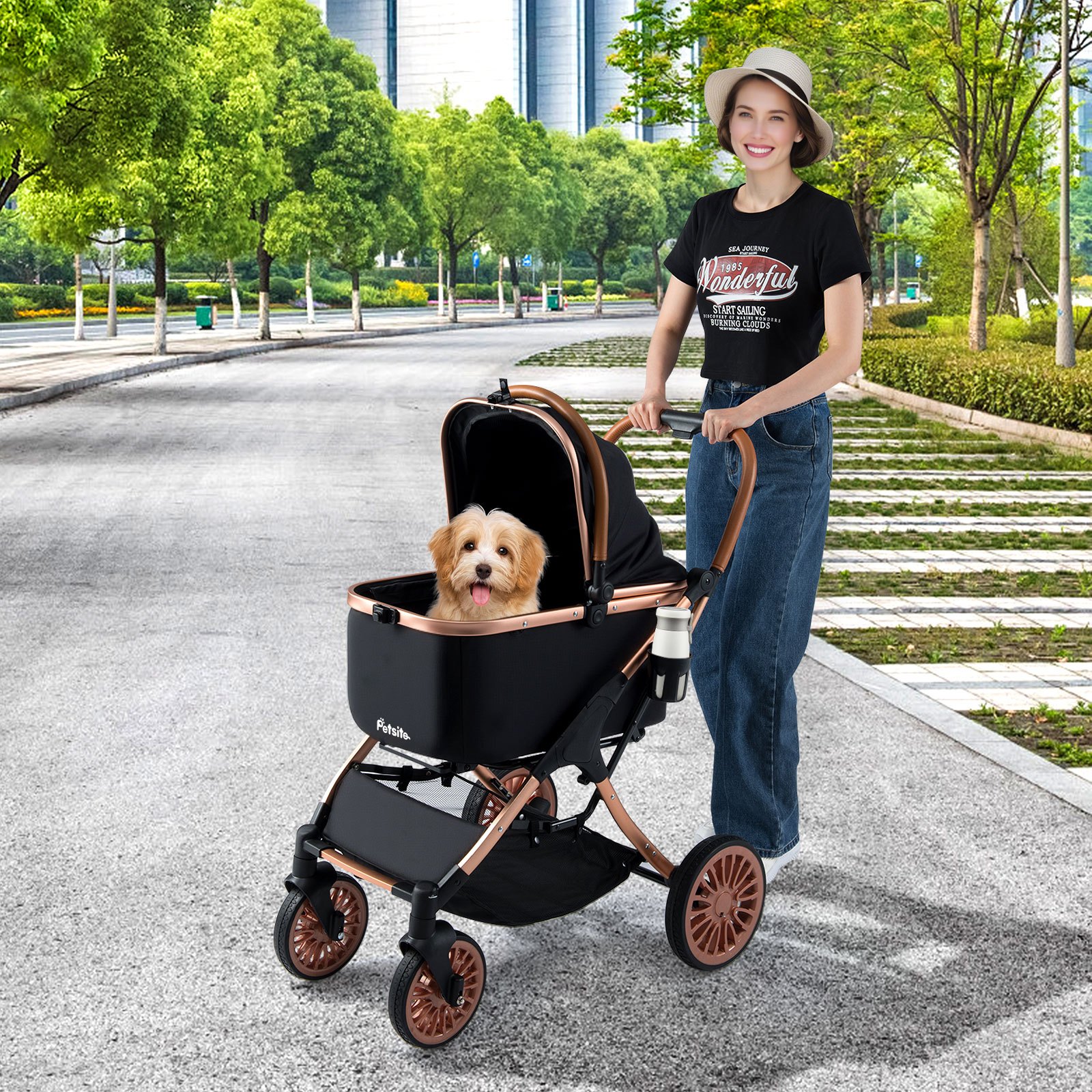 TEMU COSTWAY Poussette pour Animaux , Poussette pour Chien Pliable avec Porte-Bébé Amovible, Pare-Soleil, Coussin Amovible, Ceinture de Sécurité,