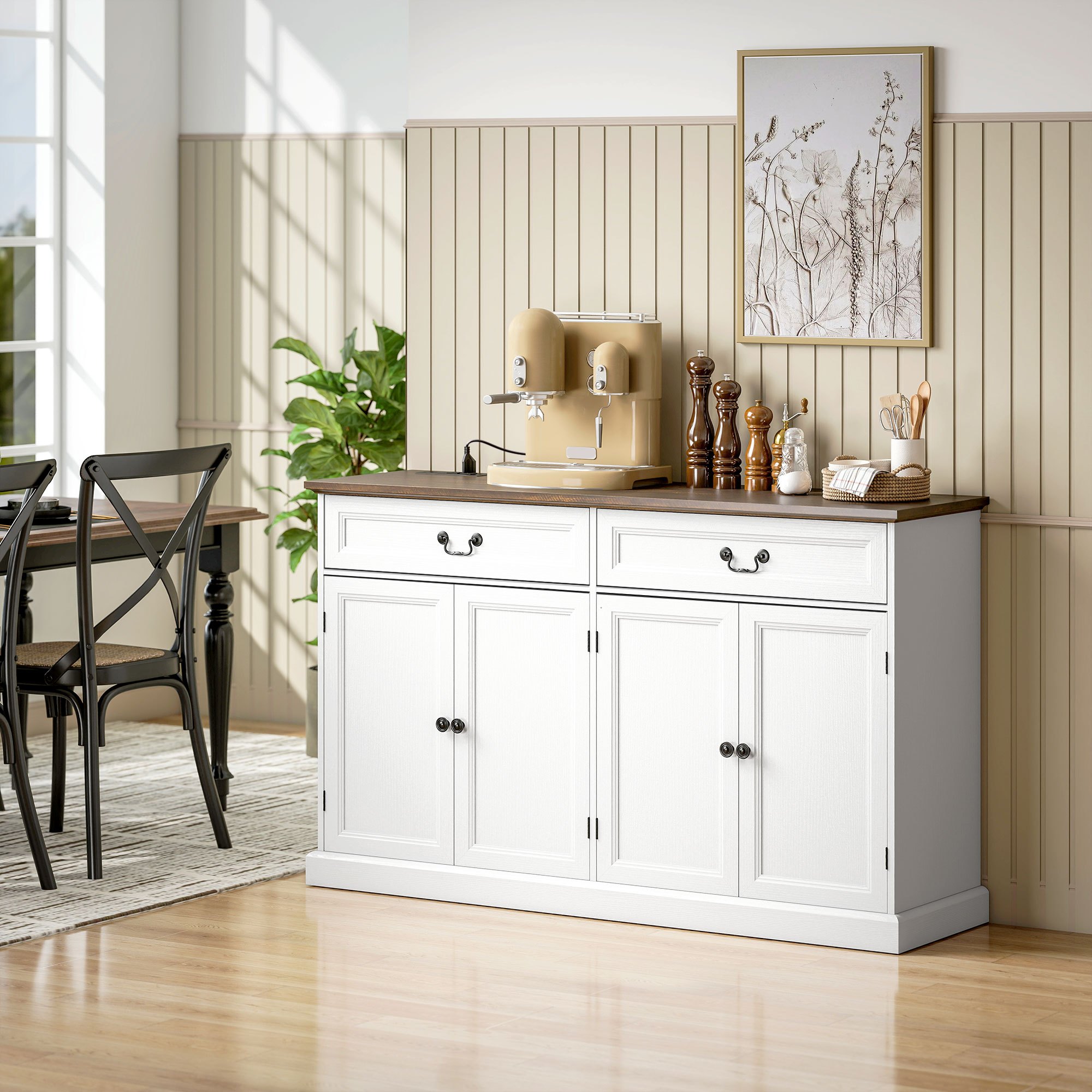 TEMU Buffet de 55" avec Station de Recharge, Meuble de Bar Style Ferme avec Plateau Épais, 2 Tiroirs Silencieux et 2 Étagères Réglables pour Cuisine,