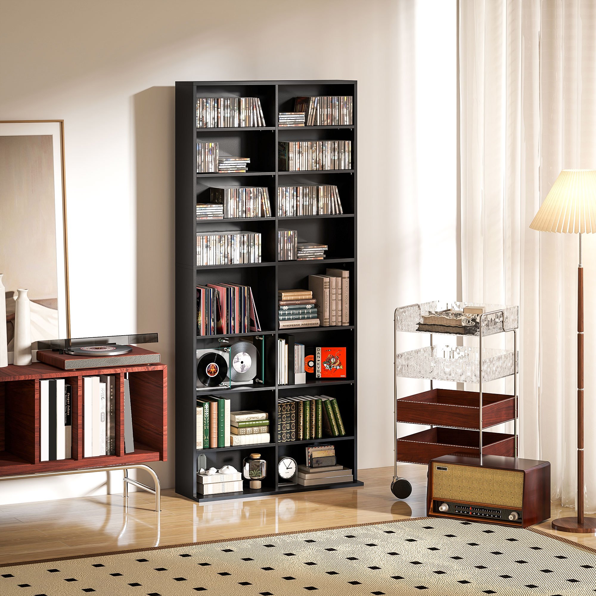 TEMU HOMCOM Meuble TV Double, 9 Étagères DVD avec 18 Compartiments et 14 Étagères Réglables, Capacité de 640 CD, 360 DVD ou 430 Blu-ray, Noir