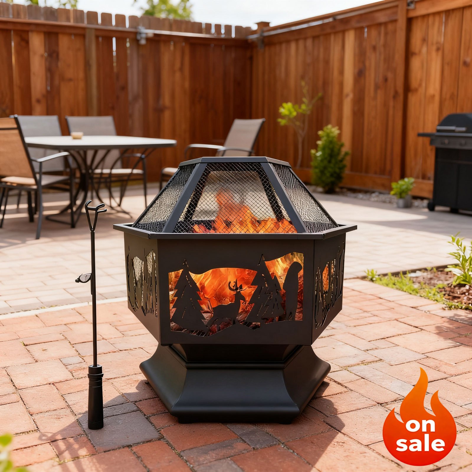 TEMU Foyer extérieur hexagonal 24 pouces, cheminée à bois avec tisonnier et couvercle en - Bol de feu hexagonal avec écran à étincelles pour patio,