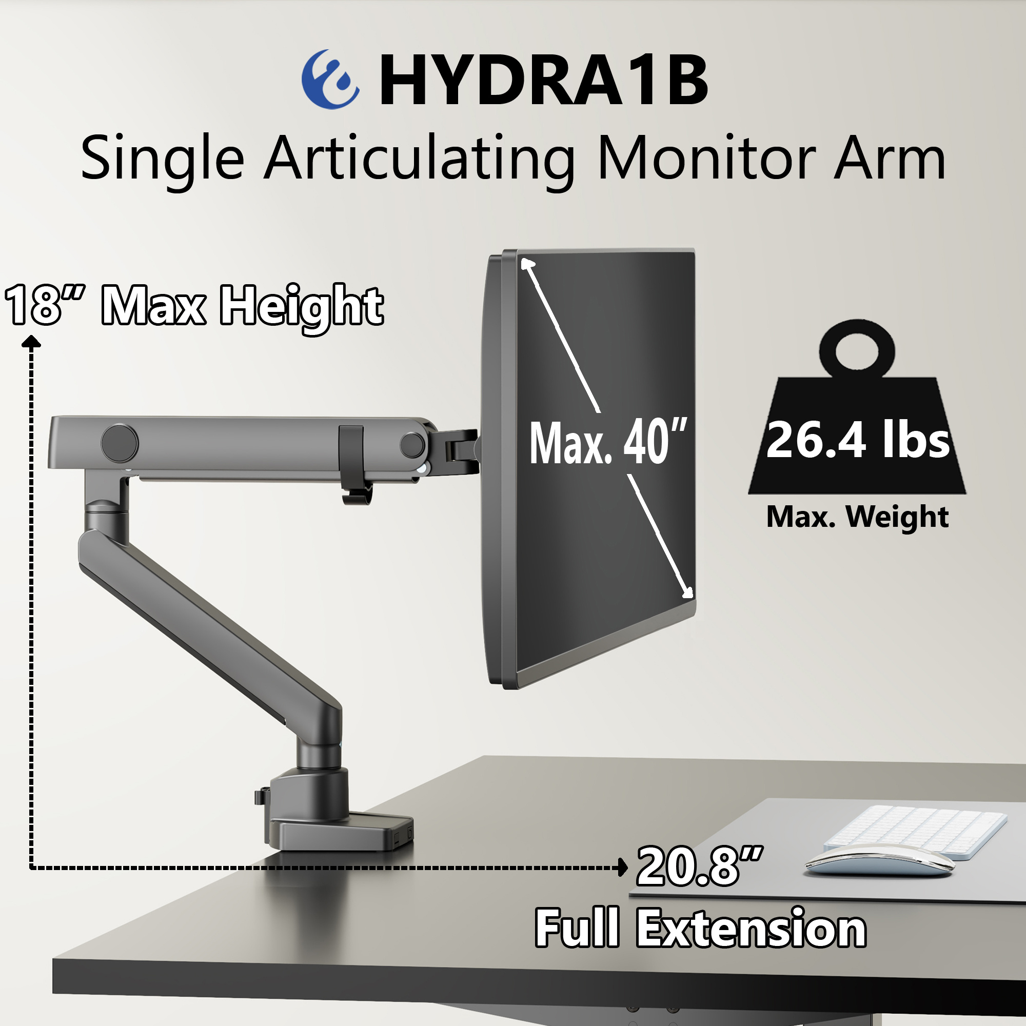 TEMU Single Articulating Heavy Duty Spring Monitor Arm With Spring Mechanism For 15"-40" Monitors 12kg Max Weight Per Screen - Clamp And Grommet Base