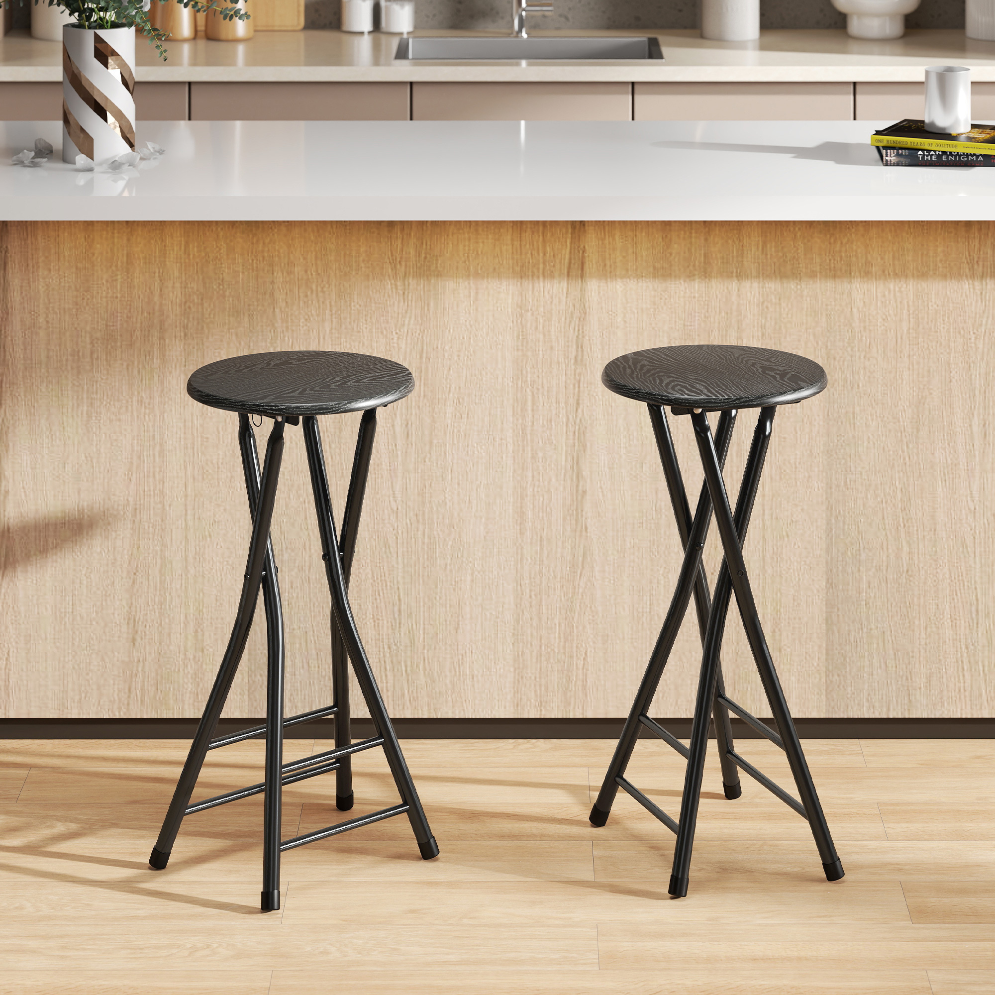 TEMU Homcom Foldable Bar Stools Set Of 2, 24" Counter Height Round Bar Chairs With Double Footrest, Folding Barstools For Kitchen Island, Black