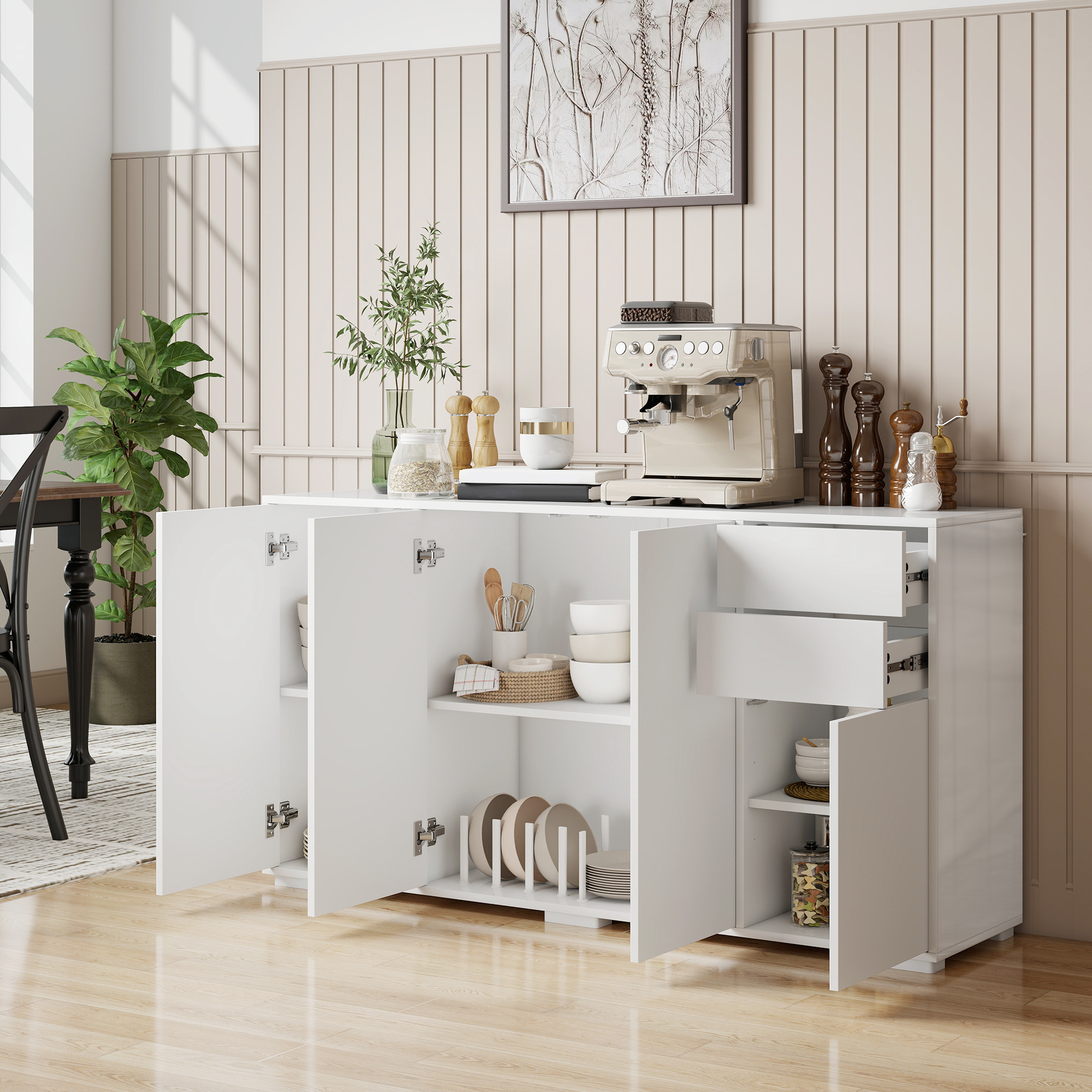TEMU HOMCOM Meuble de Buffet Haut Gloss avec 2 Tiroirs, 4 Portes et Étagère Réglable, de Rangement de Cuisine à Ouverture Poussoir, Blanc
